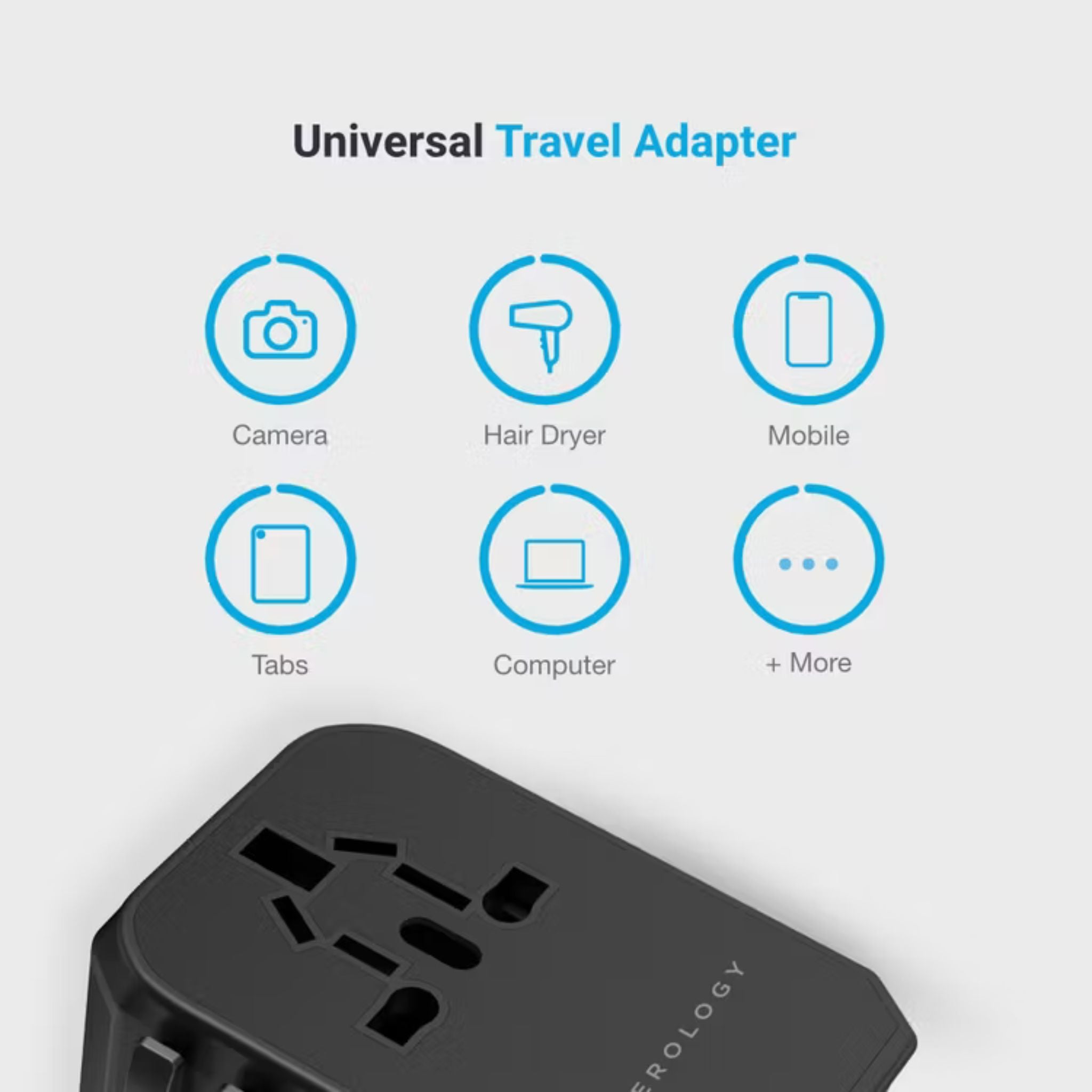 Powerology Universal Multi-Port Travel Charger with 45W Power Delivery, 8A Dual Fuse, Simultaneous Charging, Built-in Safeguards, Fast Charging, Active Protect - Black