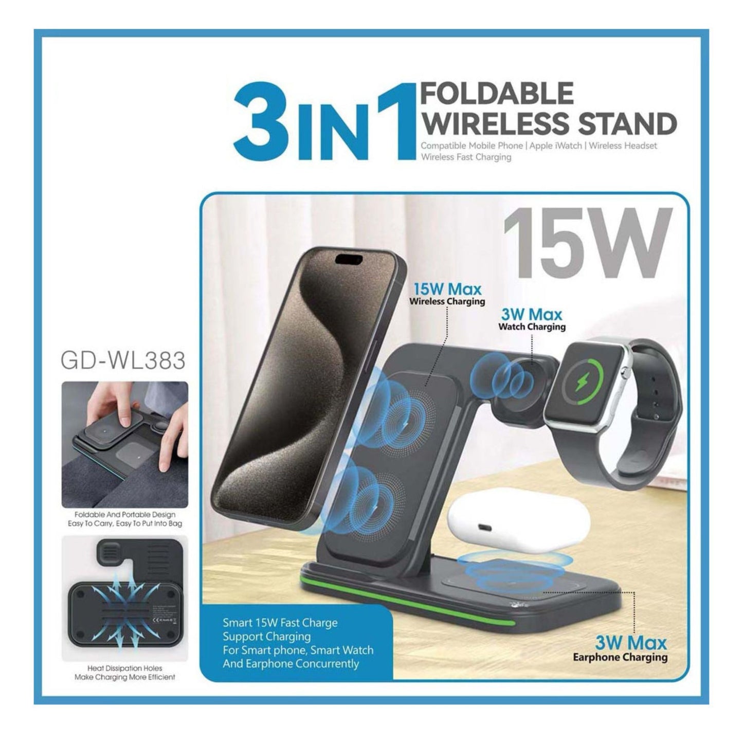 GO-DES GD-WL383 3 IN 1 WIRELESS CHARGING STAND_Black