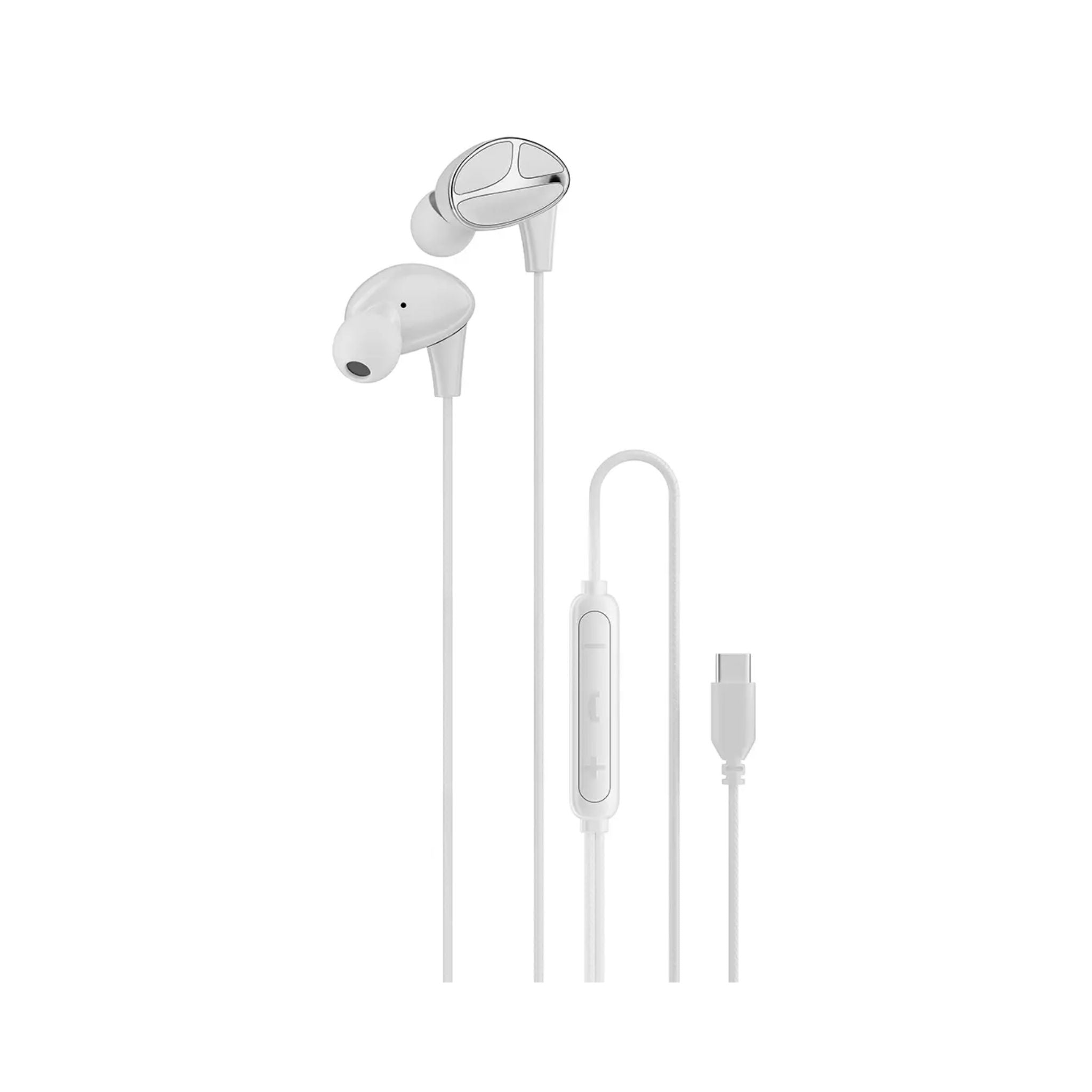 Porodo Soundtec Stereo Bass USB-C Wired Earphones with 3-Button Control, 1.2m Cable Length, 104dB Sensitivity, 14.2mm Speaker Diameter, Powerful Bass, Ergonomic Design, High-Definition Audio - White