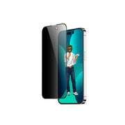 A full glass screen protector for iPhone 14 Pro, featuring a black tinted design with a graphic of a man on the screen.