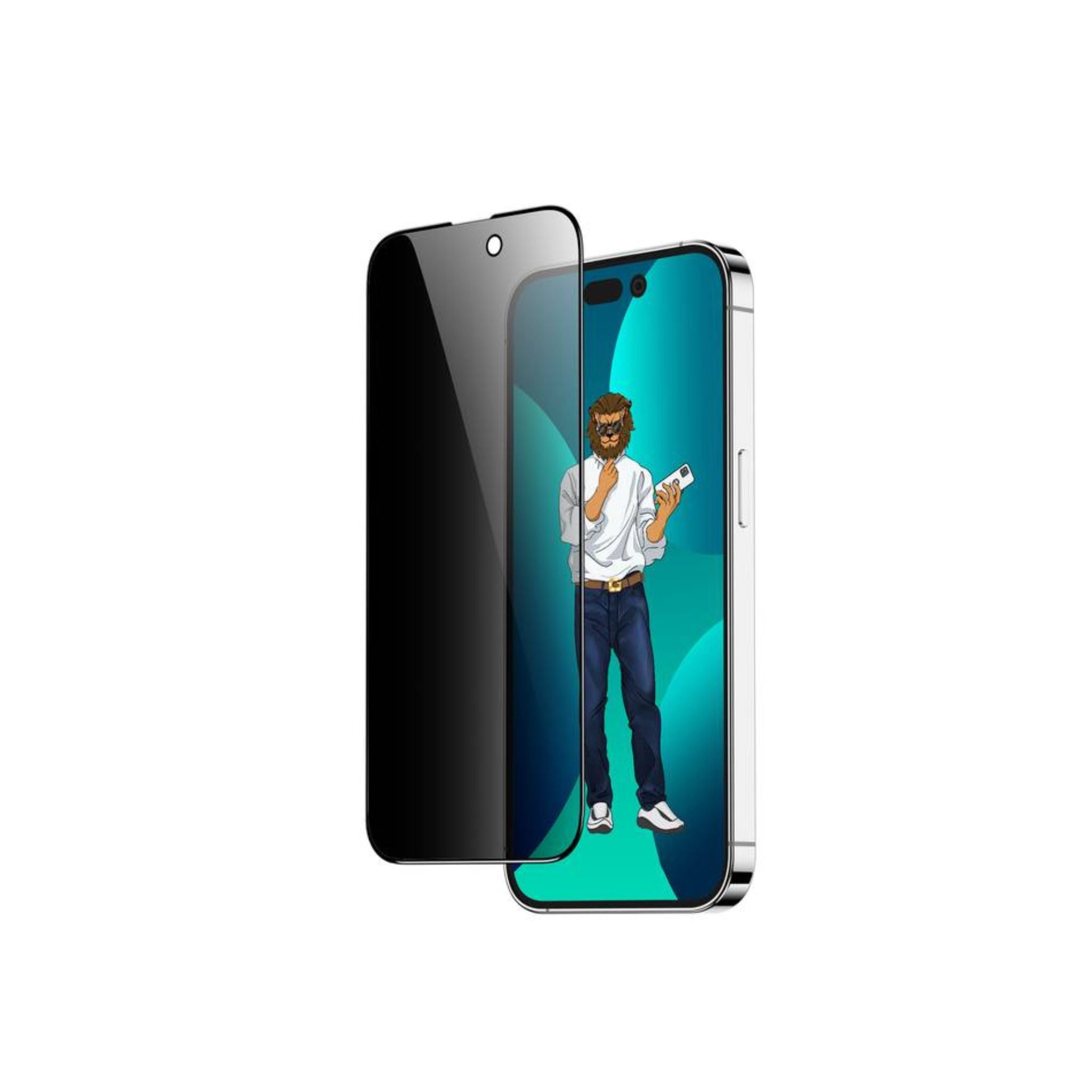A full glass screen protector for iPhone 14 Pro, featuring a black tinted design with a graphic of a man on the screen.