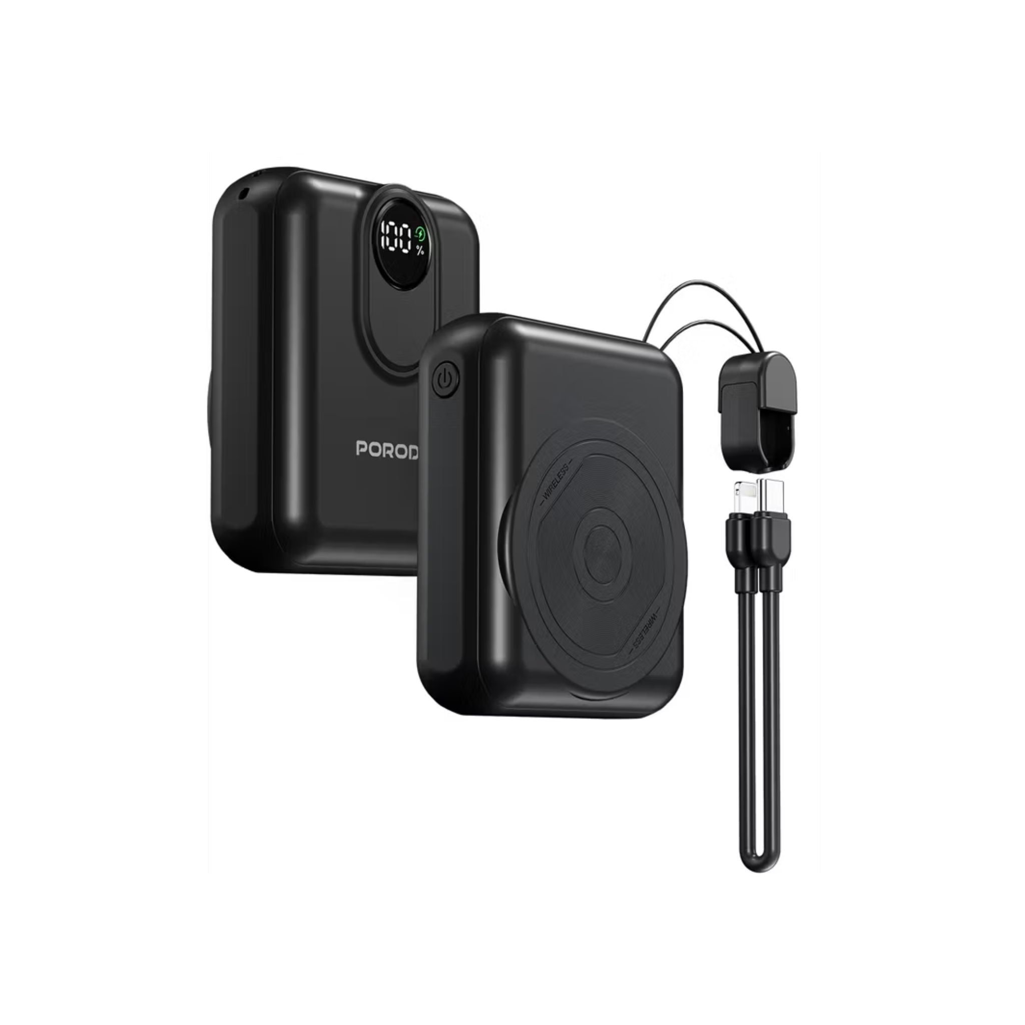 Black electronic device with digital display and attached cable on a white background