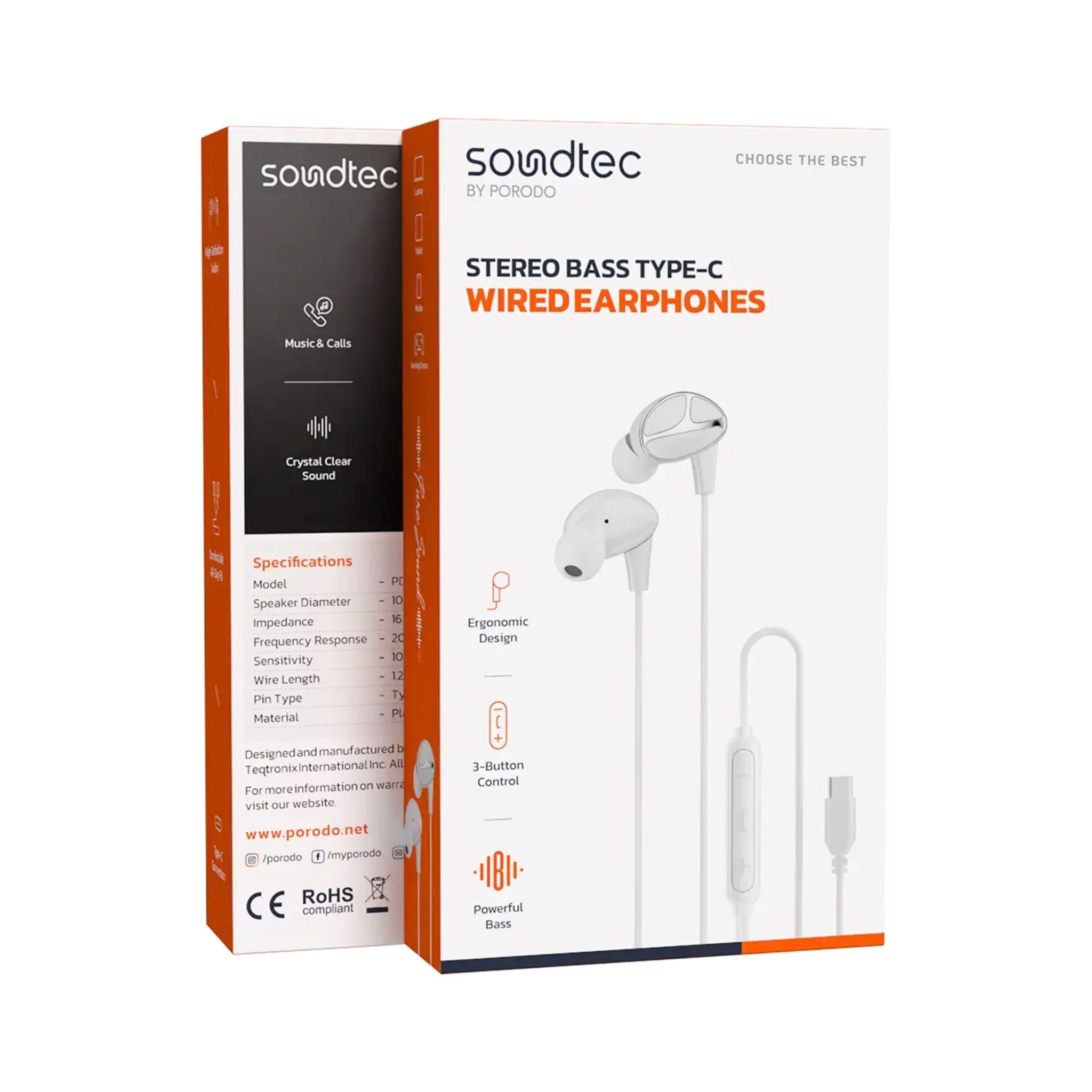 Porodo Soundtec Stereo Bass USB-C Wired Earphones with 3-Button Control, 1.2m Cable Length, 104dB Sensitivity, 14.2mm Speaker Diameter, Powerful Bass, Ergonomic Design, High-Definition Audio - White