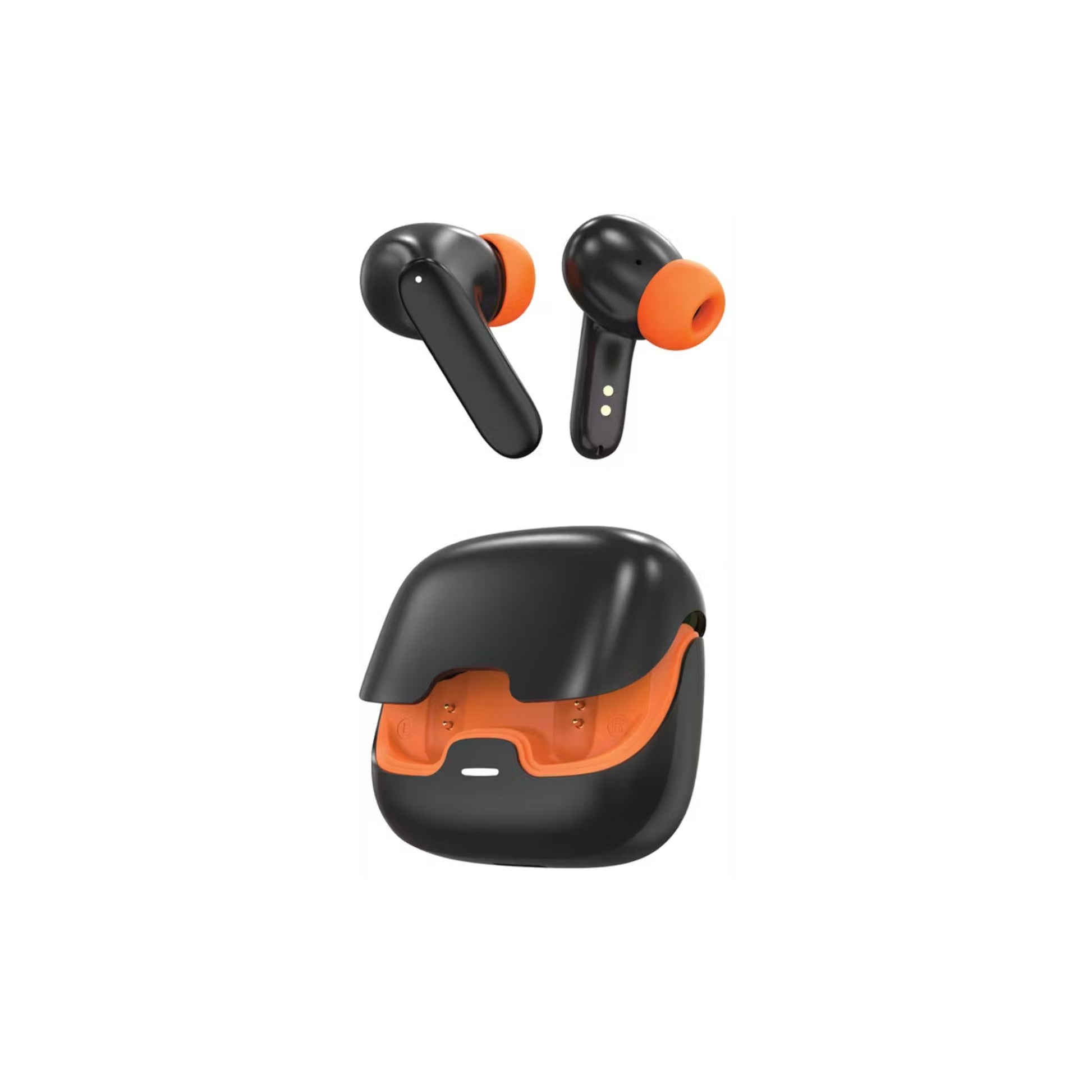 Black and orange wireless earbuds with charging case on a white background