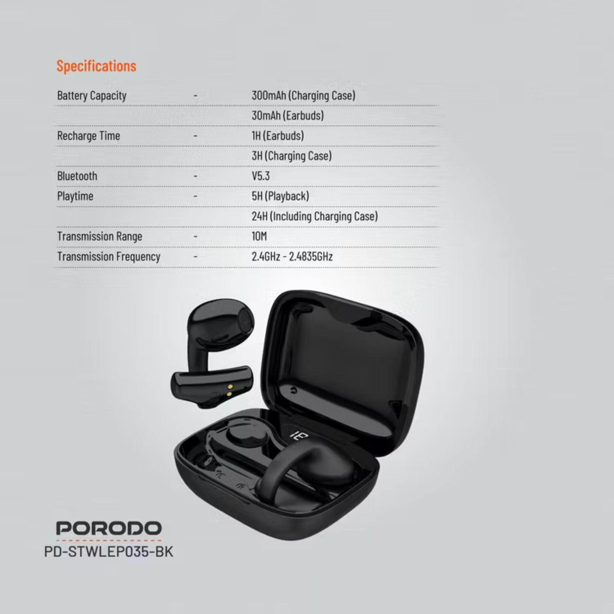 Porodo Soundtec TWS Ear Clip, 10m Transmission Range, Bluetooth V5.3, Up to 24 Hours Play Time, 300mAh Battery Capacity - BlackPorodo Soundtec TWS Ear Clip, 10m Transmission Range, Bluetooth V5.3, Up to 24 Hours Play Time, 300mAh Battery Capacity - Black