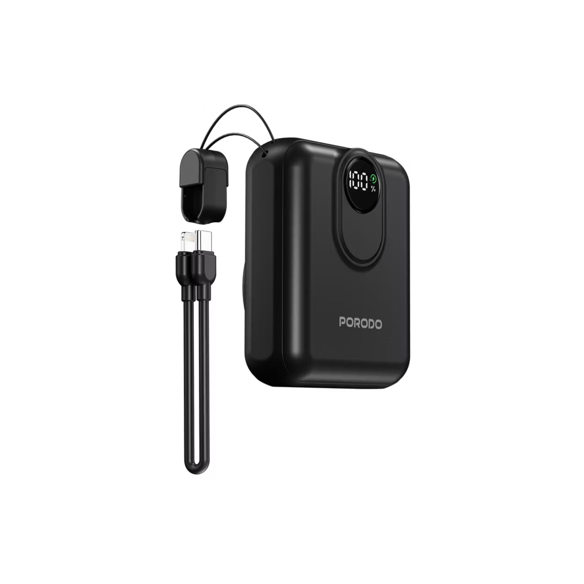 Porodo 10000mAh Compatible with MagSafe Power Bank, 15W Wireless Charging, PD 22.5W, Detachable USB-C/Lightning Head Cable, Digital Info Indicator, Compact Powerbank - Black