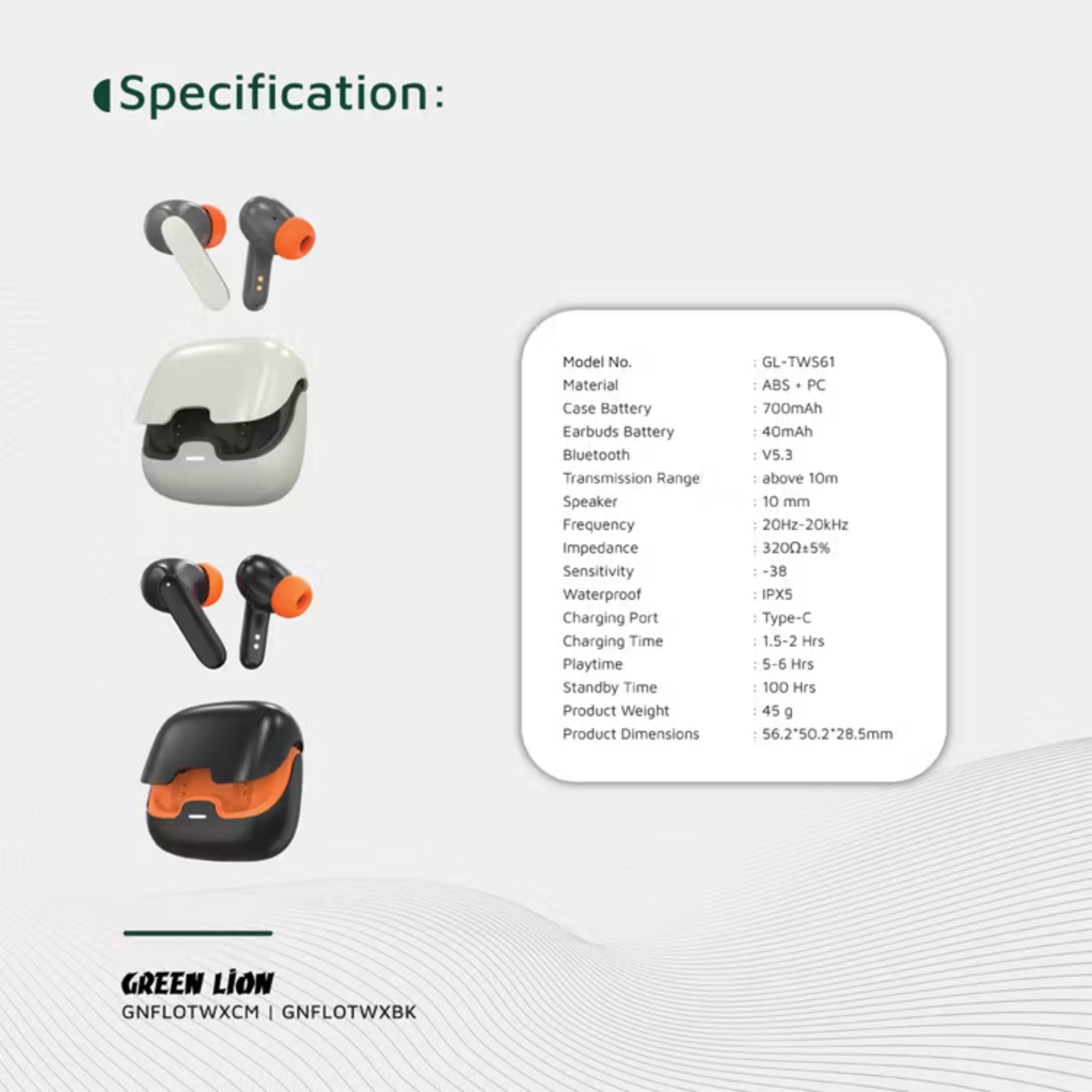 Green Lion Florence True Wireless Earbuds with Touch Control, Low Latency Mode, Voice Assistant, Quad-Microphone with ENC Technology, Gaming Mode, Up to 6 Hours Play Time, 100 Hours Standby Time, Type-C Charging Port, Above 10m Transmission Range