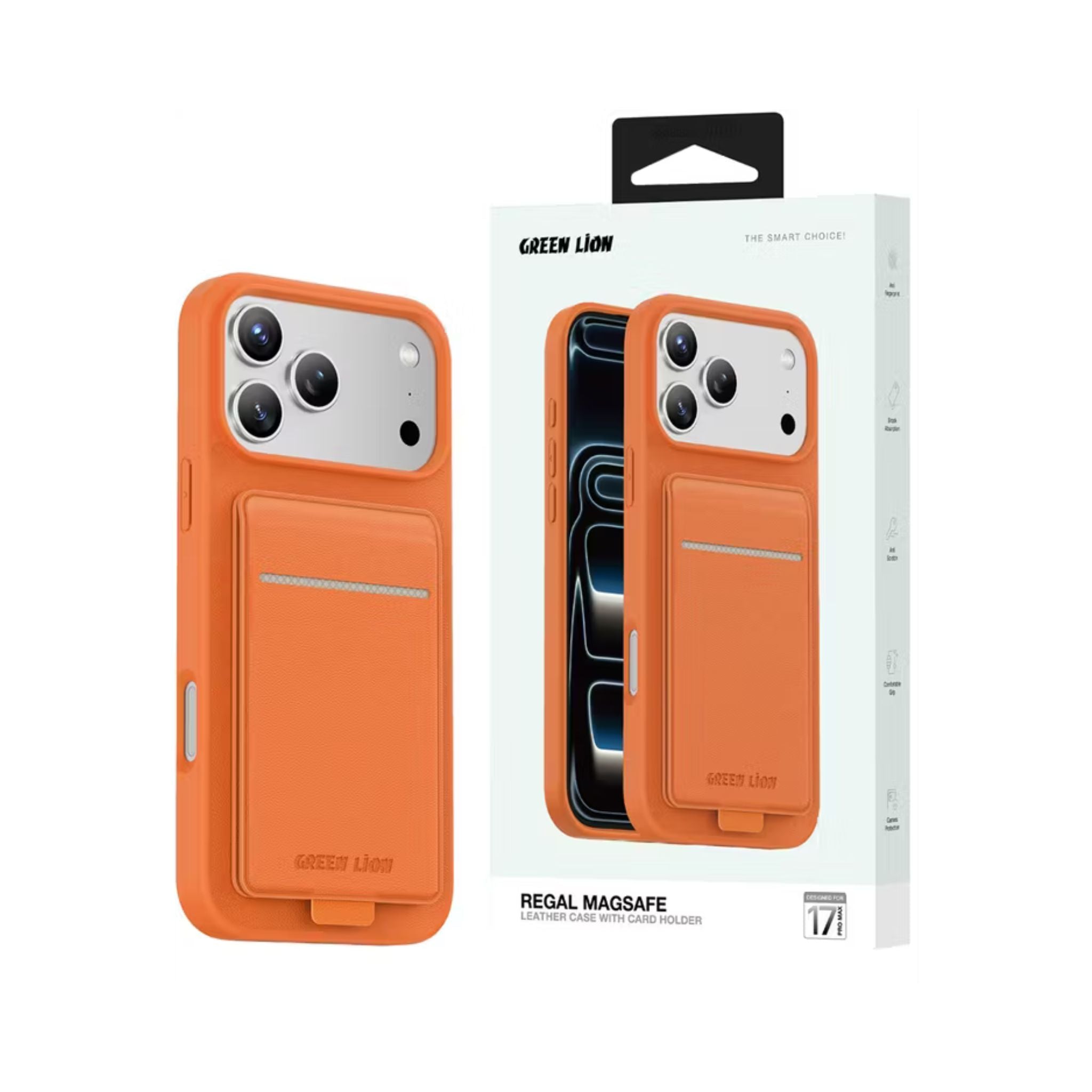 Green Lion Regal MagSafe Leather Case with Card Holder for iPhone 17 Pro Max, Anti-Fingerprint, Foldable Stand, Camera Protection, Comfortable Grip, Anti-Scratch, Shock Absorption - Orange