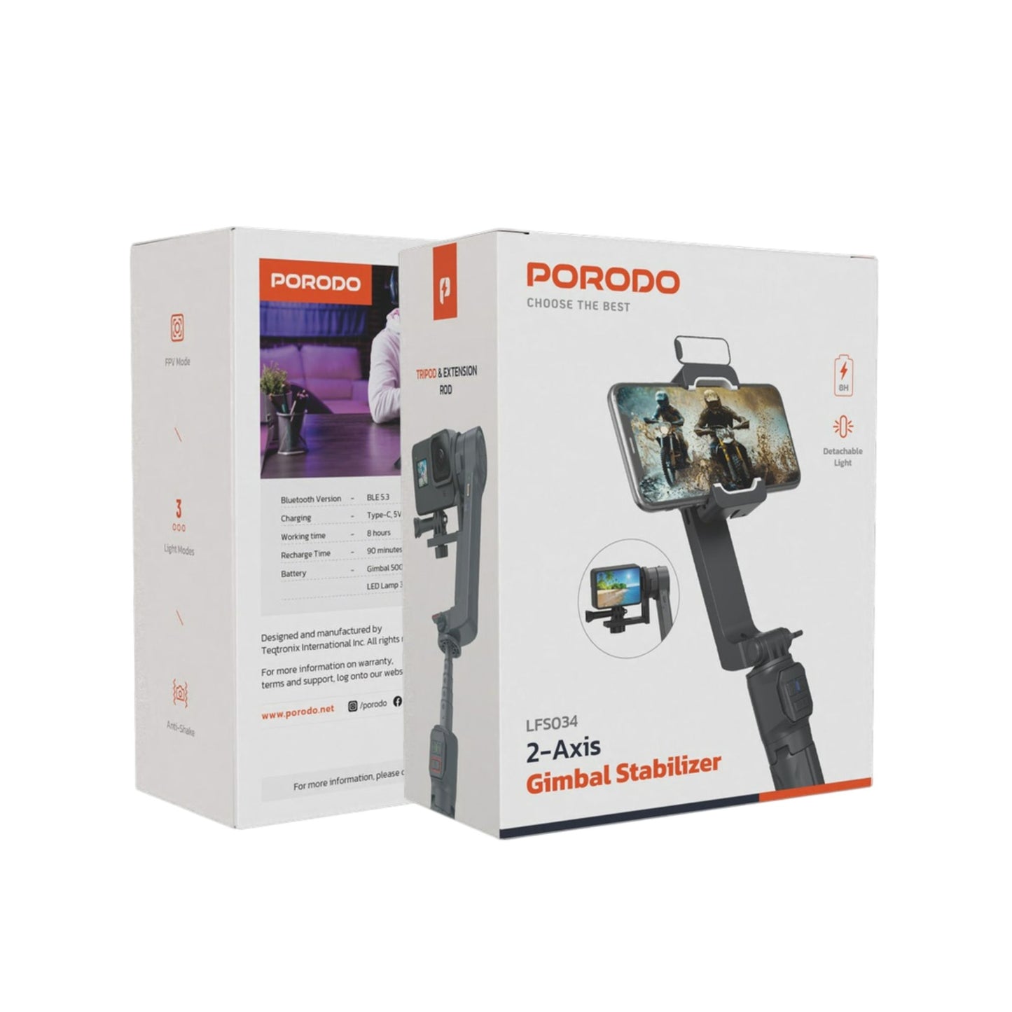 Porodo 2-Axis Gimbal Stablizer, Light Modes, FPV Mode, Anti-Shake - Black