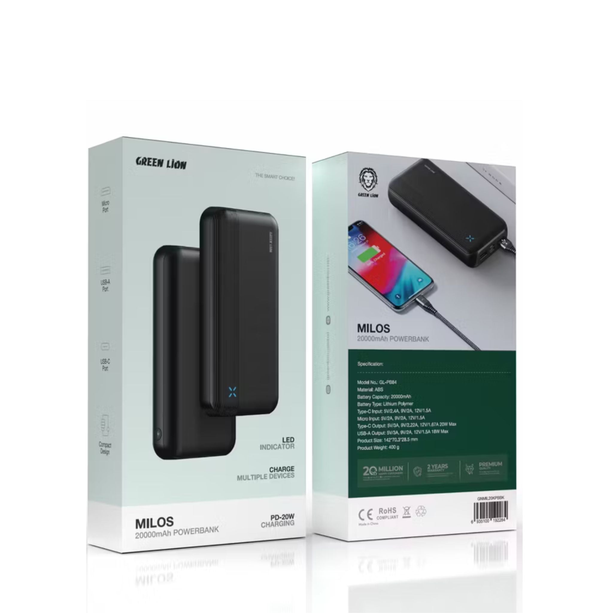 Green Lion Milos 20000mAh Power Bank, PD 20W, USB-C & Micro & Dual USB-A Ports, LED Indicator, Lithium Polymer Battery, Compact & Slim Design, Multiple-Device Charging - Black