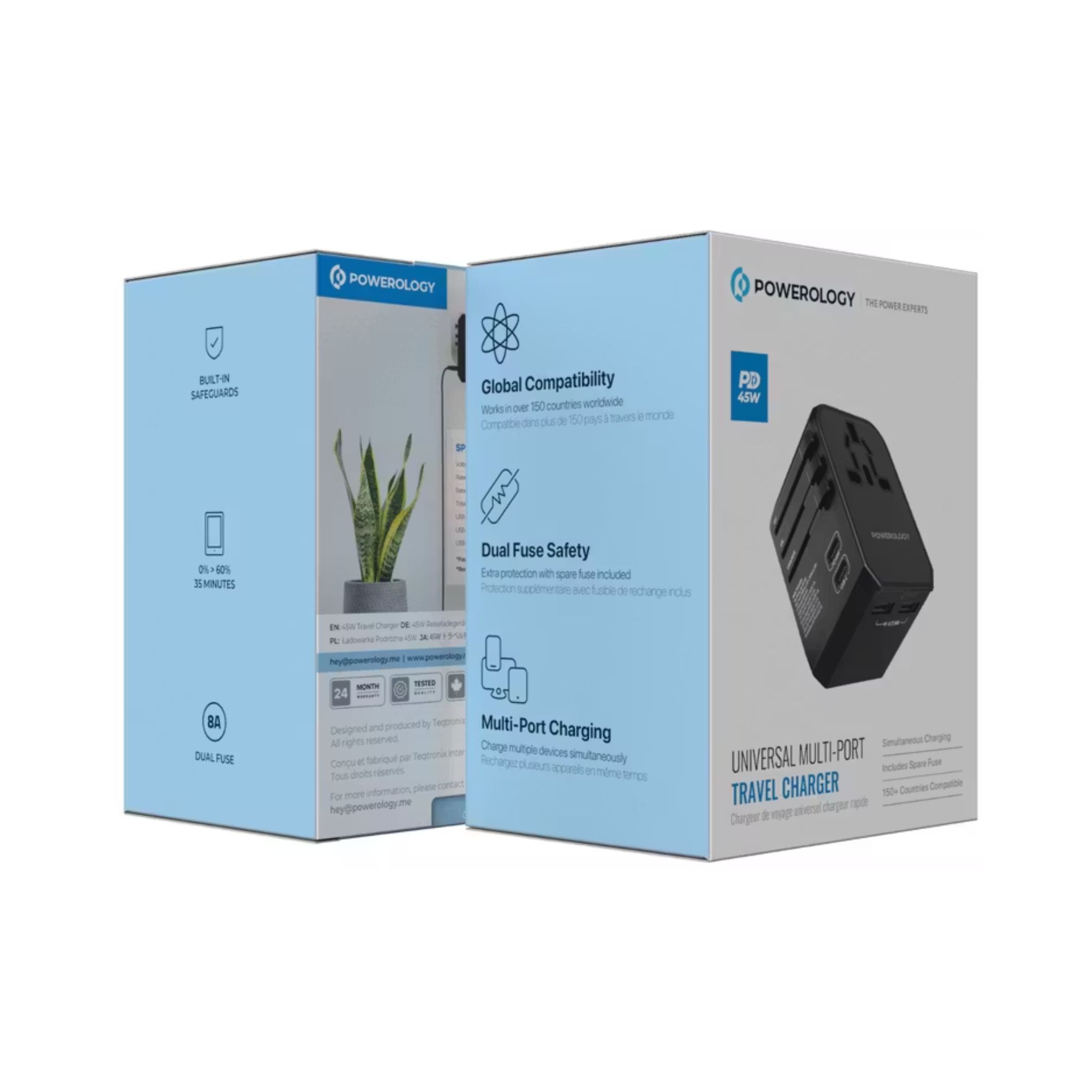 Powerology Universal Multi-Port Travel Charger with 45W Power Delivery, 8A Dual Fuse, Simultaneous Charging, Built-in Safeguards, Fast Charging, Active Protect - Black