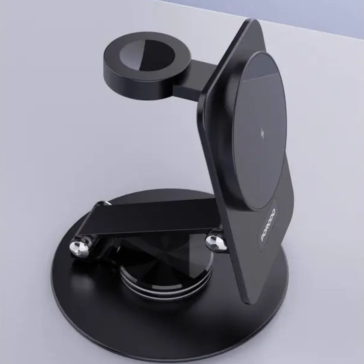 Porodo Wireless Charging Rotating Stand with Folding Watch Charge, Flexible Viewing Angle, 360° Rotating Base - Black