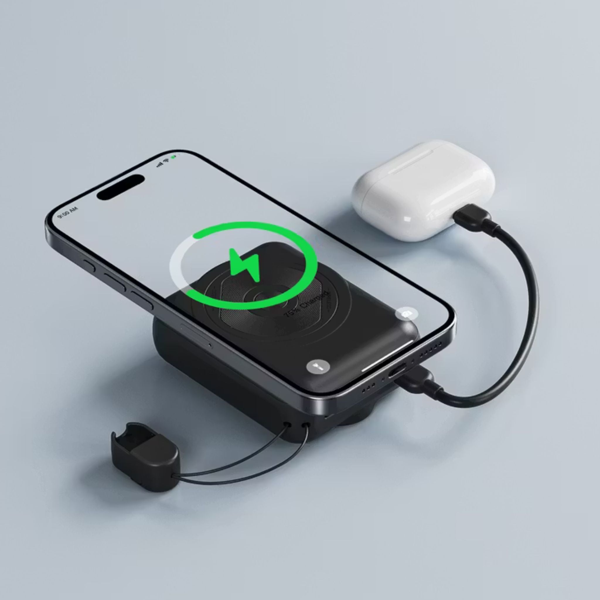 Porodo 10000mAh Compatible with MagSafe Power Bank, 15W Wireless Charging, PD 22.5W, Detachable USB-C/Lightning Head Cable, Digital Info Indicator, Compact Powerbank - Black