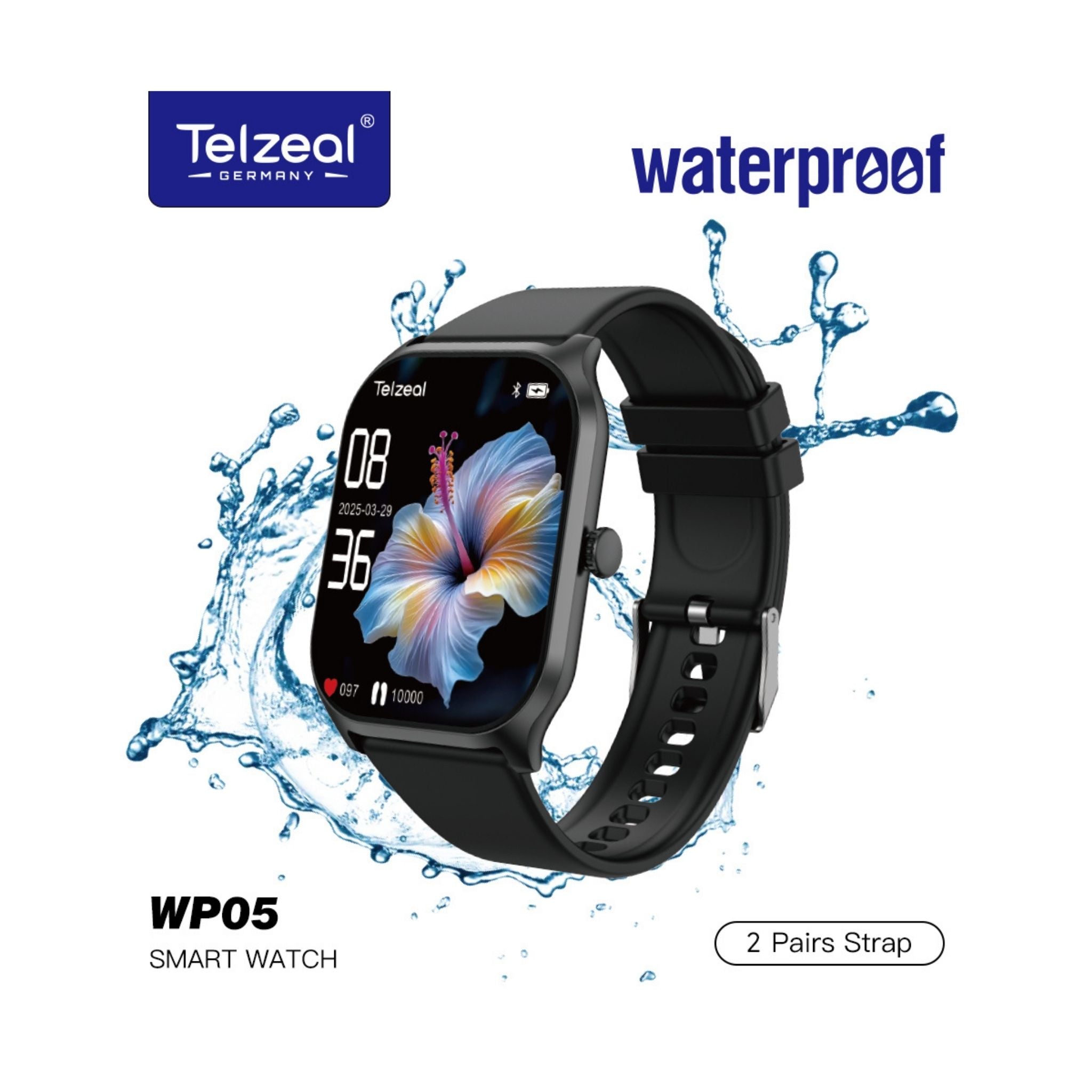 Telzeal WP05 Waterproof Smartwatch with Full-Touch Display, Dual Strap Set (2 Pairs), Stylish & Durable Design – Black