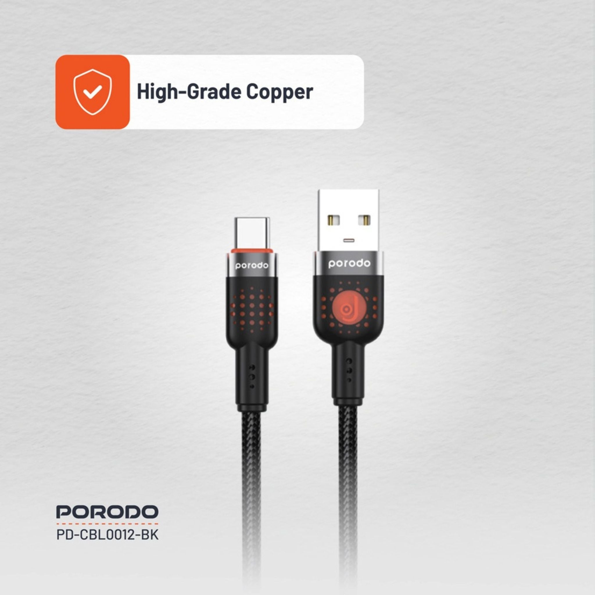 Porodo Braided USB-A to Type-C Cable with 480Mbps Transfer Speed, 1.2m Cable Length, More than 15,000 Bends Lifespan, Tangle-Free Design - Black
