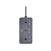 A black power socket with a UK plug, featuring three universal sockets, three USB Type-A ports, and one USB Type-C port. The power socket is on a white background.