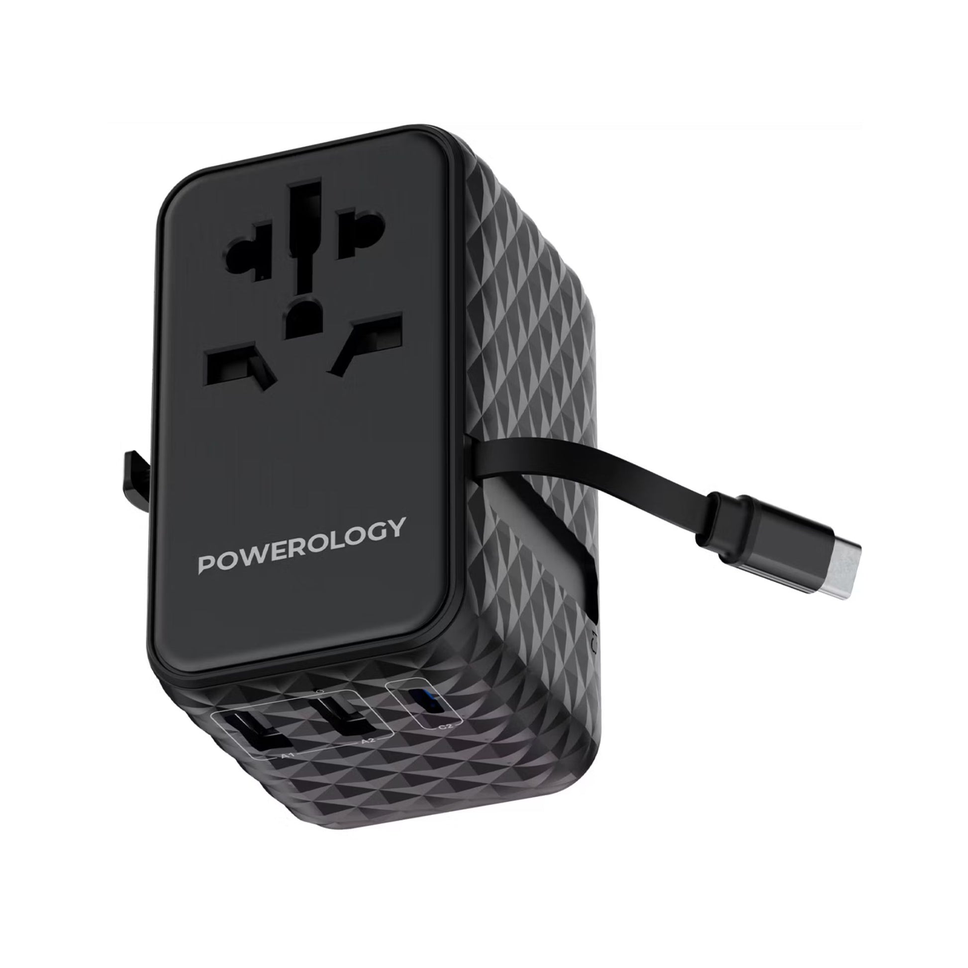 Black power adapter with USB cable on a white background, branded 'Powerology'.