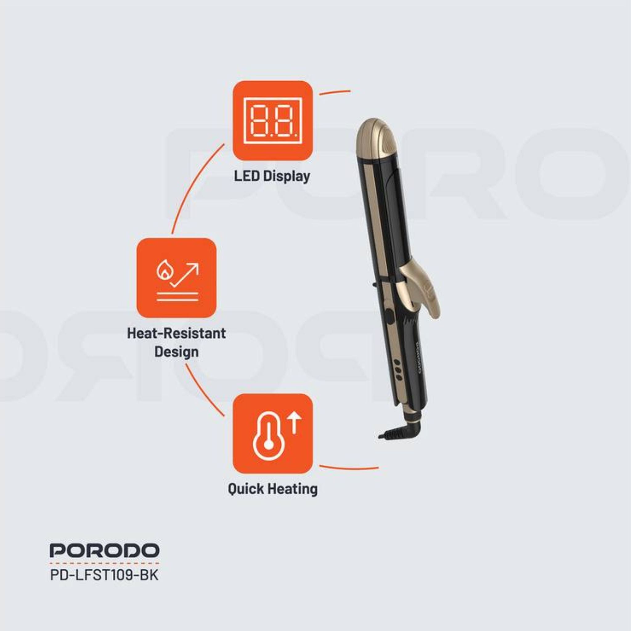 Porodo Lifestyle Hair Iron with 4 Styling Modes, Heat-Resistant Design, 12 Temperature Control Settings, LED Display, 60W Rated Power, Quick Heating - Black