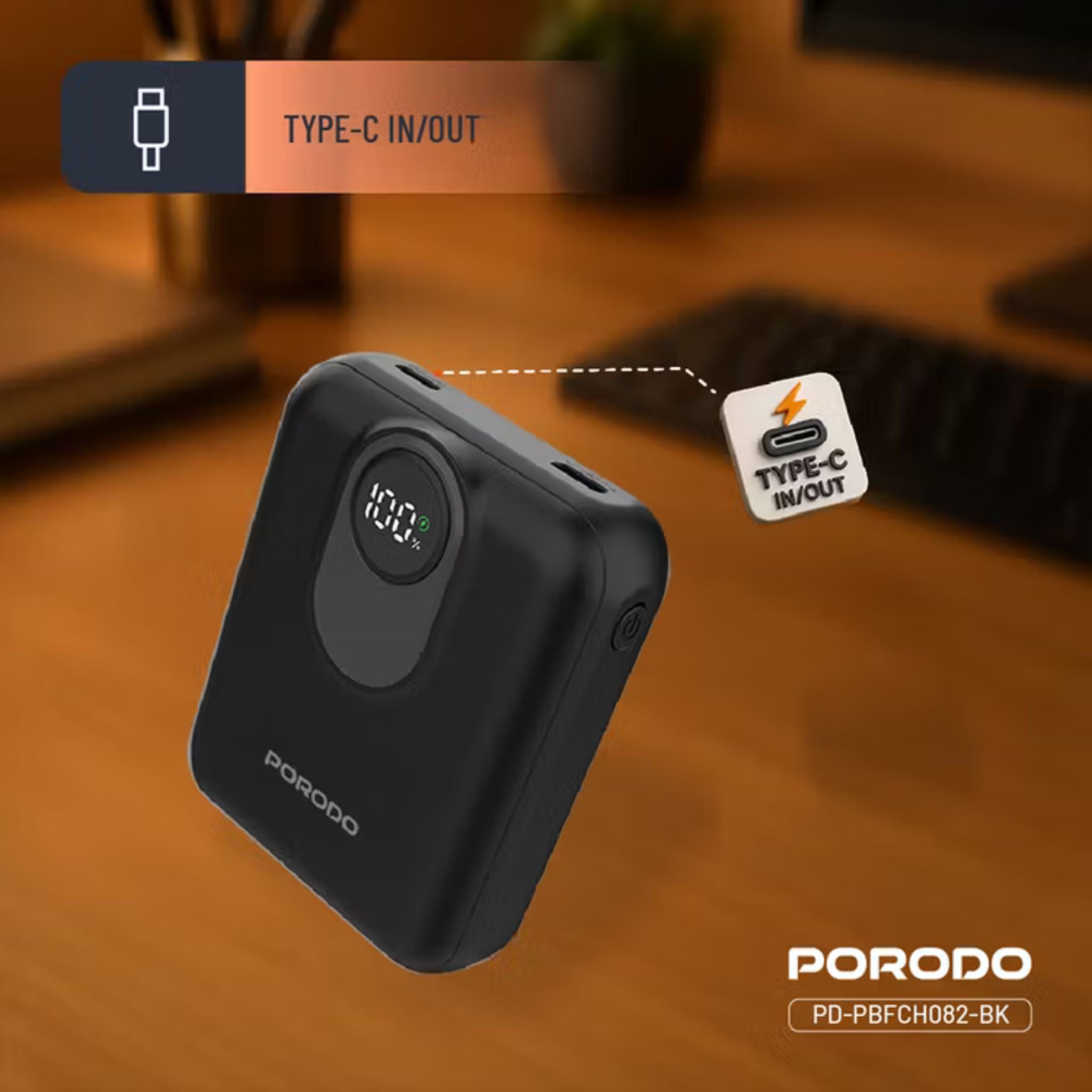 Porodo 10000mAh Compatible with MagSafe Power Bank, 15W Wireless Charging, PD 22.5W, Detachable USB-C/Lightning Head Cable, Digital Info Indicator, Compact Powerbank - Black