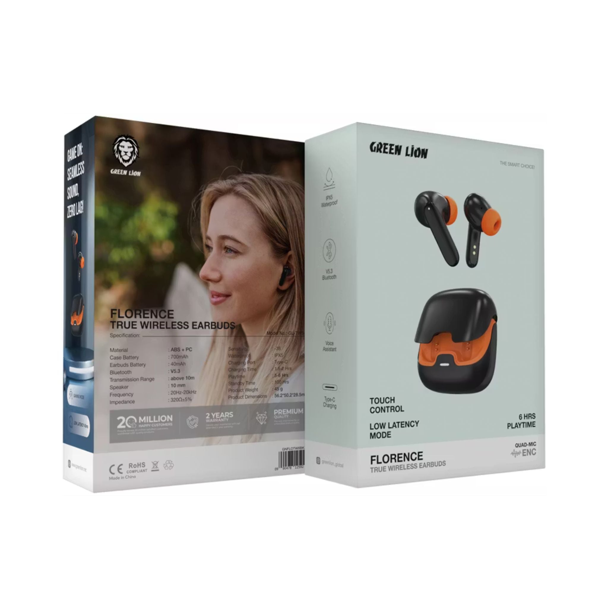 Green Lion Florence True Wireless Earbuds with Touch Control, Low Latency Mode, Voice Assistant, Quad-Microphone with ENC Technology, Gaming Mode, Up to 6 Hours Play Time, 100 Hours Standby Time, Type-C Charging Port, Above 10m Transmission Range