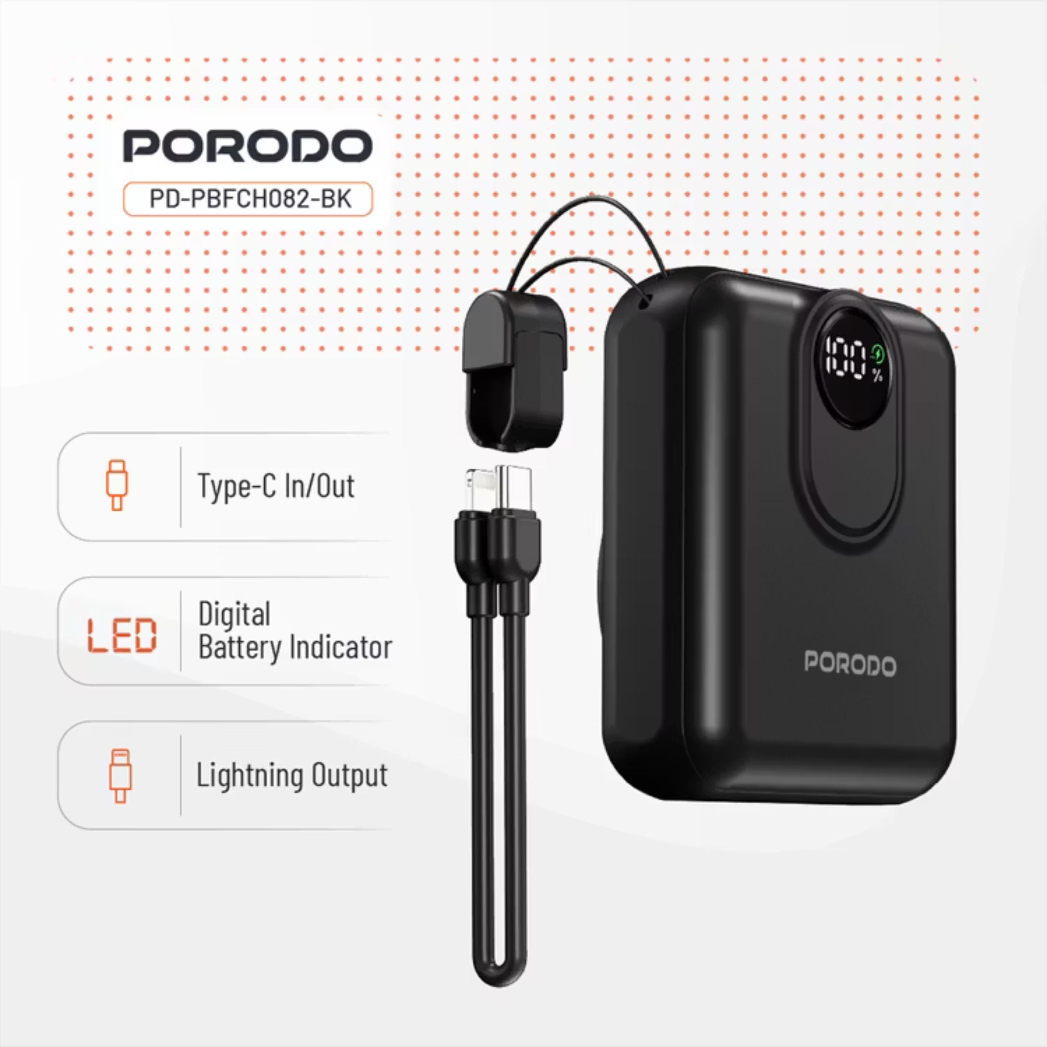 Porodo 10000mAh Compatible with MagSafe Power Bank, 15W Wireless Charging, PD 22.5W, Detachable USB-C/Lightning Head Cable, Digital Info Indicator, Compact Powerbank - Black
