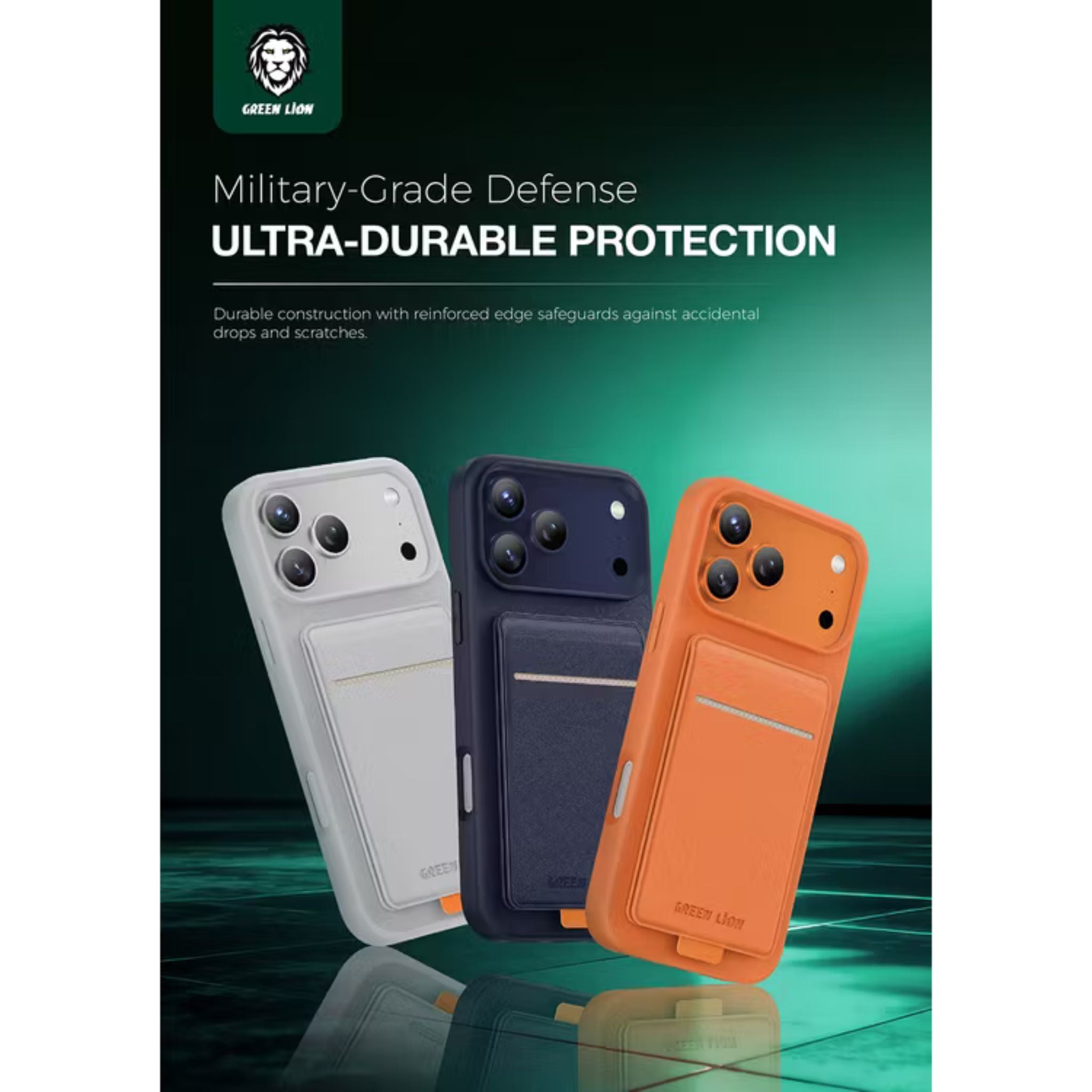 Green Lion Regal MagSafe Leather Case with Card Holder for iPhone 17 Pro Max, Anti-Fingerprint, Foldable Stand, Camera Protection, Comfortable Grip, Anti-Scratch, Shock Absorption - Orange