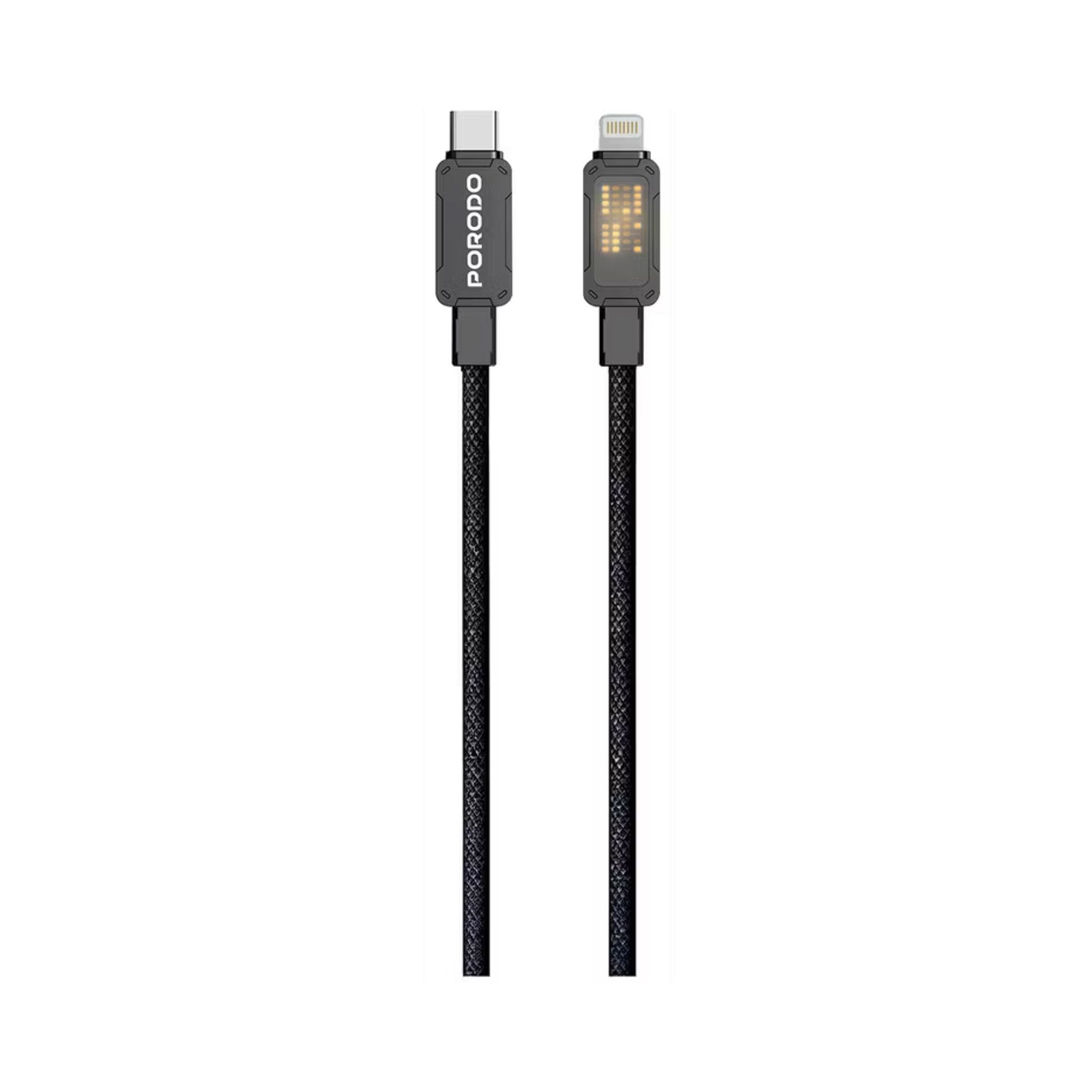 Porodo USB-C to Lightning Braided Cable with 27W Rated Power, 480Mbps Data Transfer, 1m Cable Length, Fast Charging & Data Transfer - Black