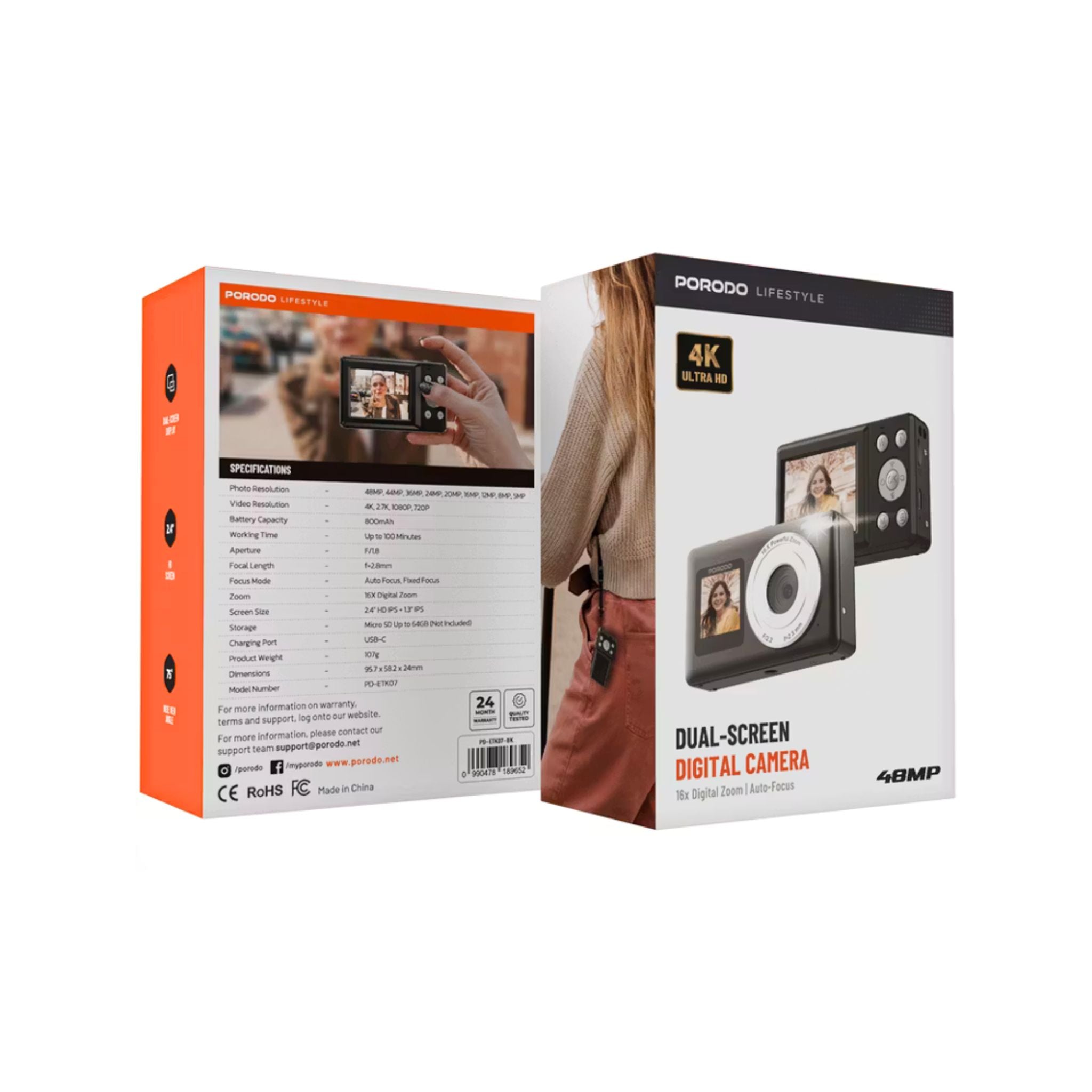 Porodo Dual-Screen Digital Camera with 18X Digital Zoom, Auto-Focus, Dual-Screen Display, 75° Wide View Angle, 4K Ultra HD - Black