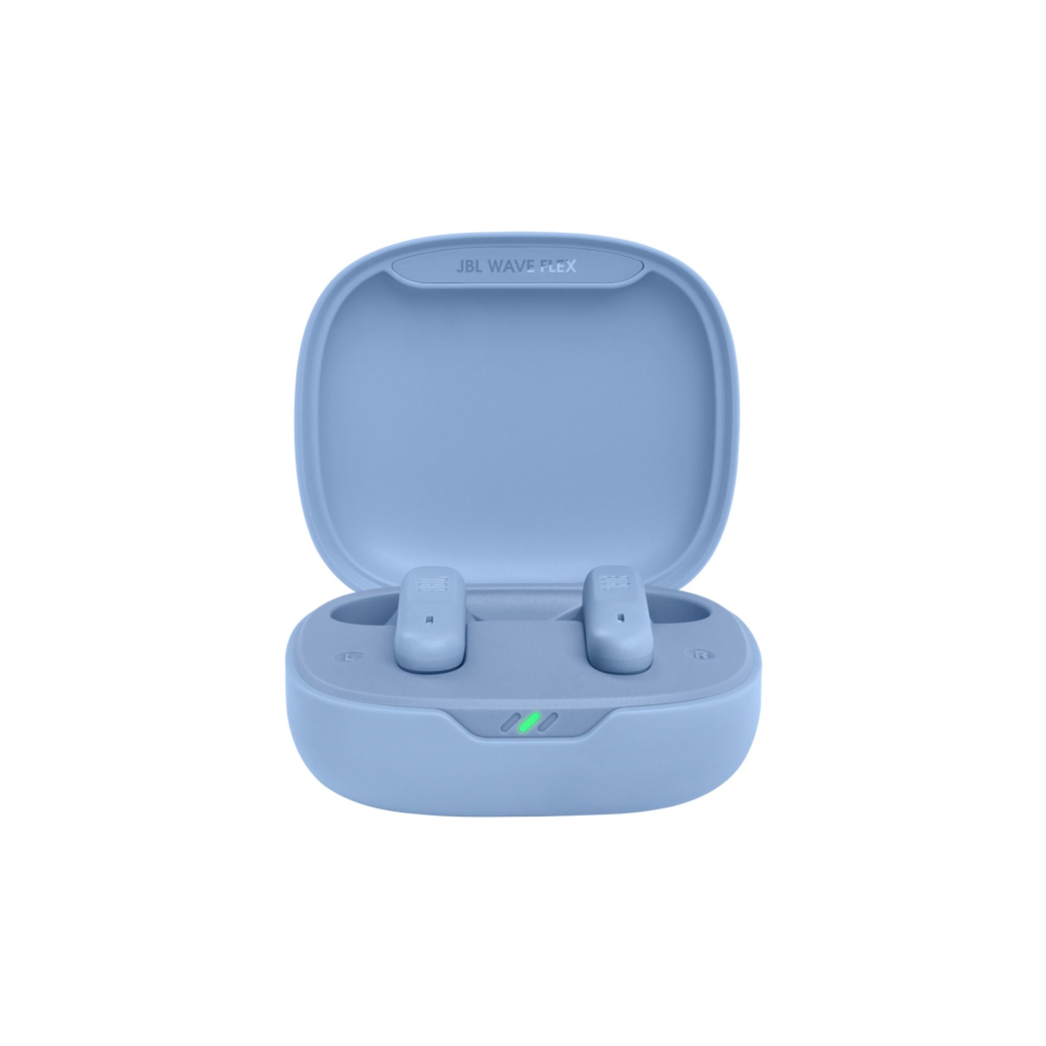 Blue wireless earbuds in a charging case on a white background