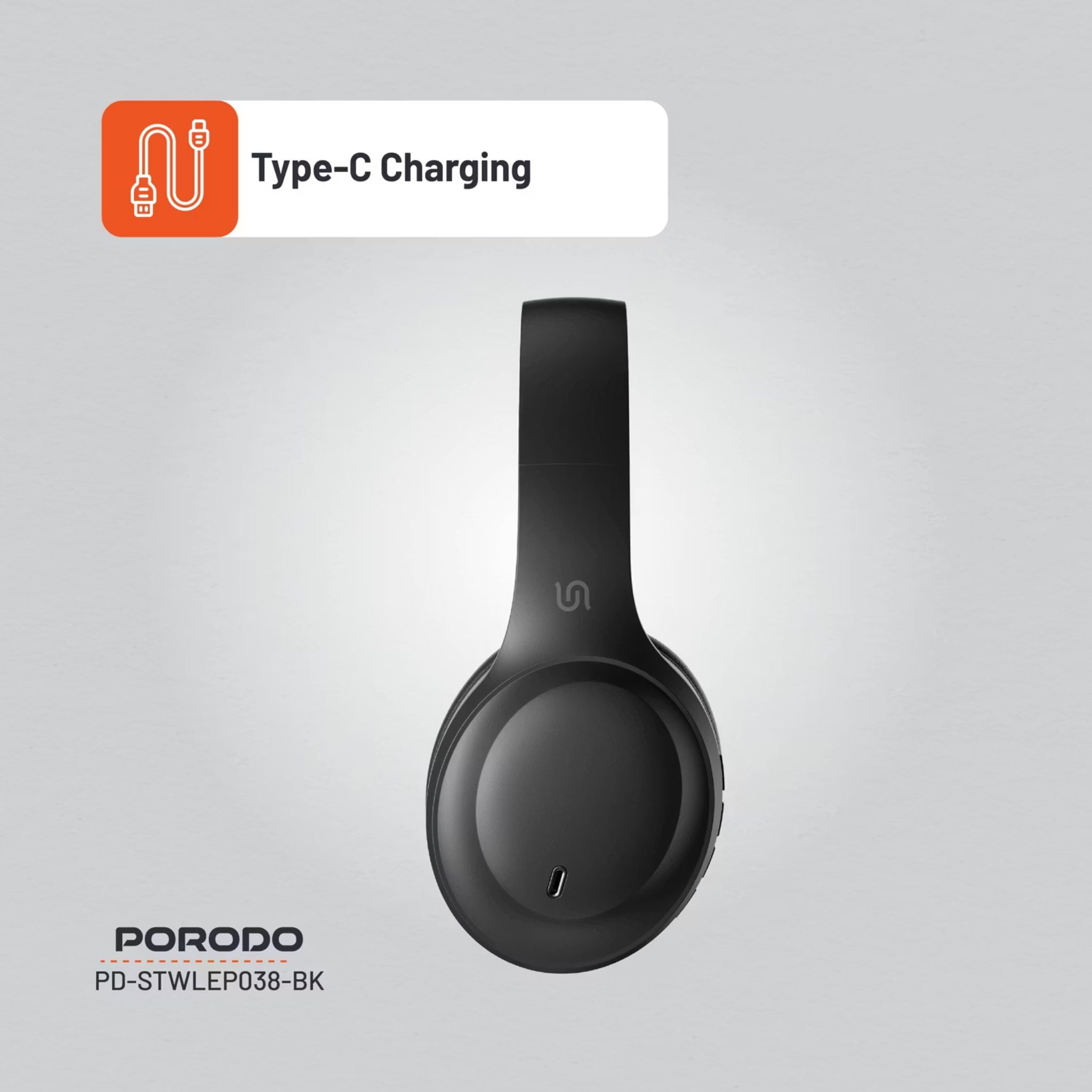 Porodo Soundtec Wireless Headphones with ENC & Low-Latency Gaming Mode, 400mAh Battery Capacity, 1.5 Hours Charging Time, 50 Hours Working Time, Type C Charging Port, Bluetooth Version 5.4, Voice Assistant - Black