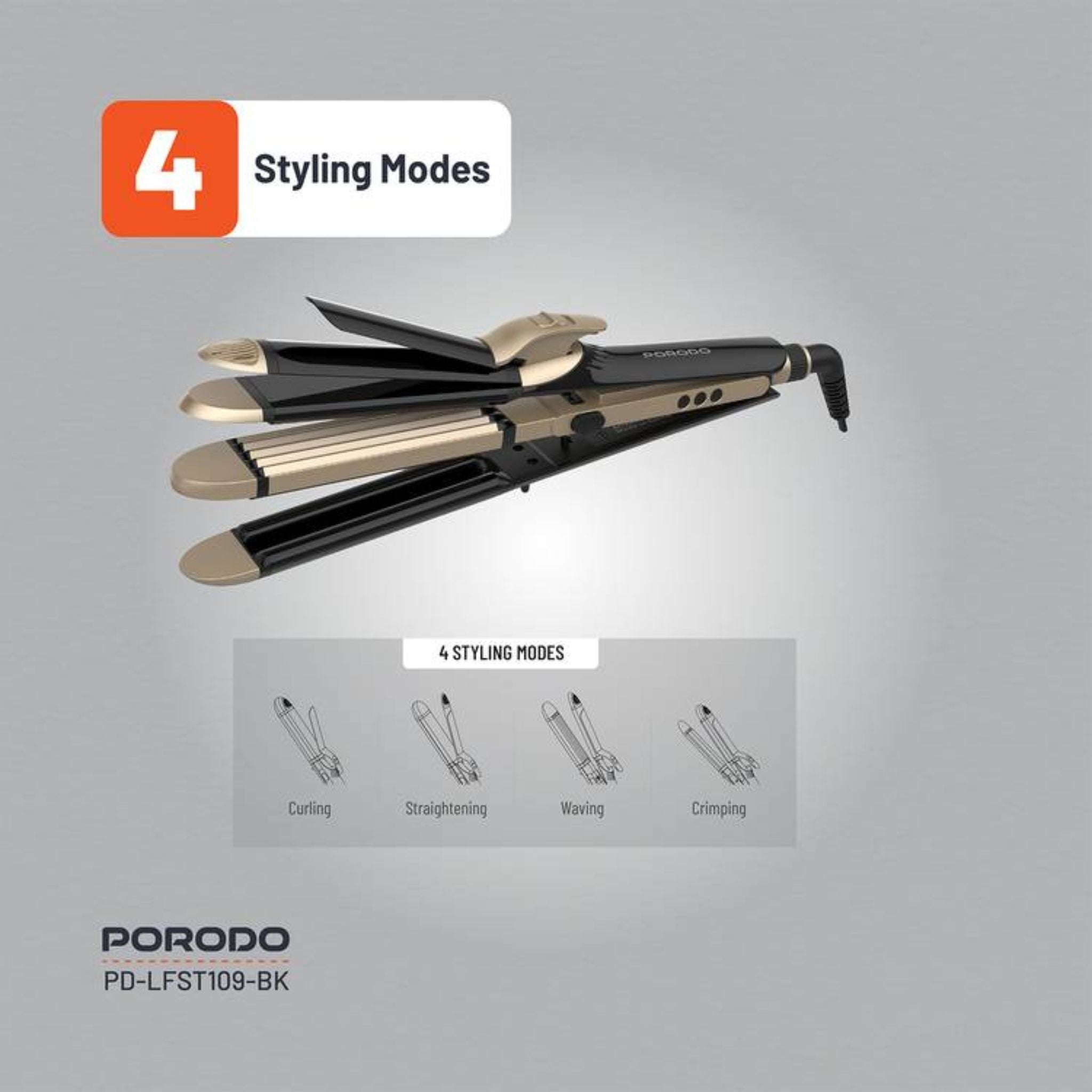 Porodo Lifestyle Hair Iron with 4 Styling Modes, Heat-Resistant Design, 12 Temperature Control Settings, LED Display, 60W Rated Power, Quick Heating - Black