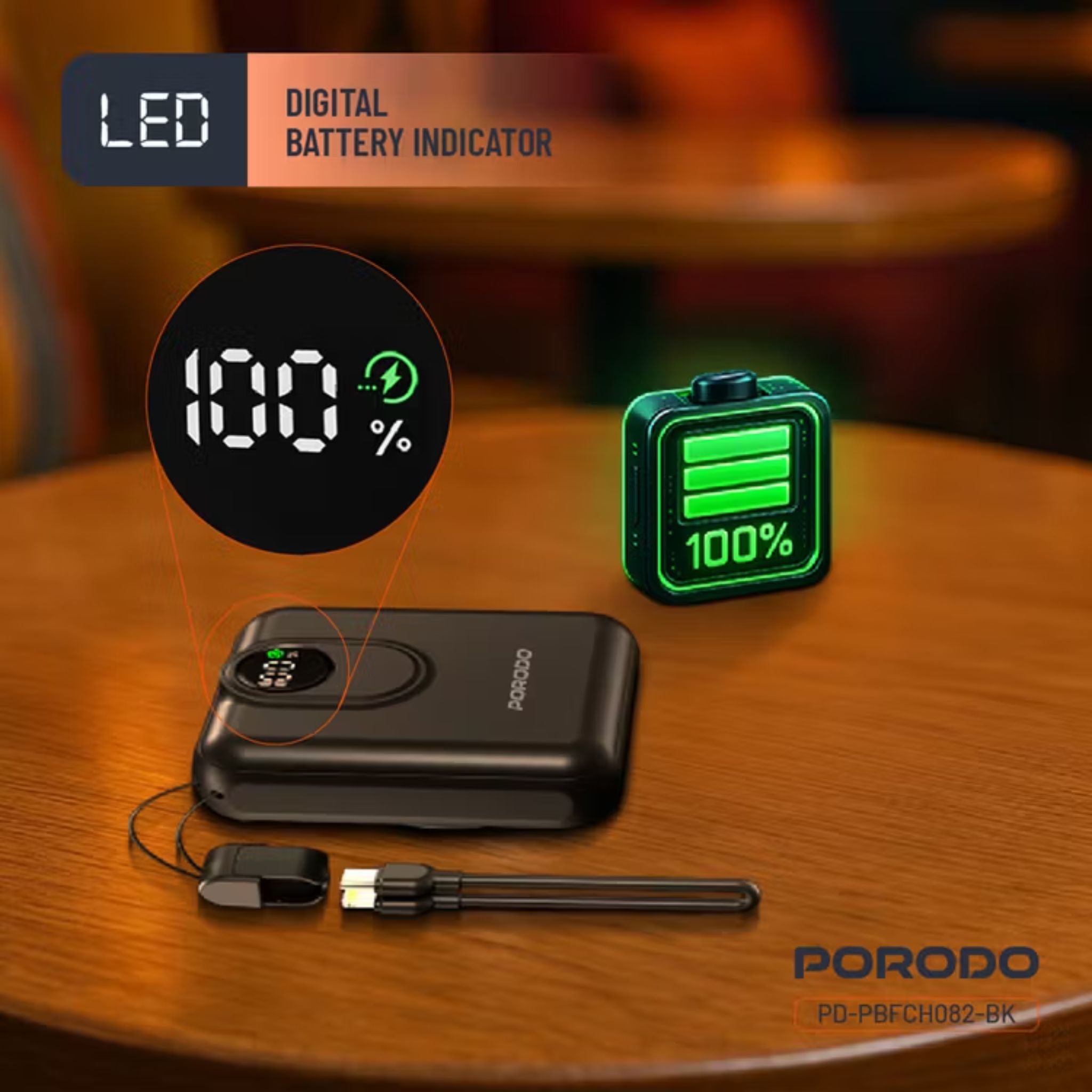 Porodo 10000mAh Compatible with MagSafe Power Bank, 15W Wireless Charging, PD 22.5W, Detachable USB-C/Lightning Head Cable, Digital Info Indicator, Compact Powerbank - Black