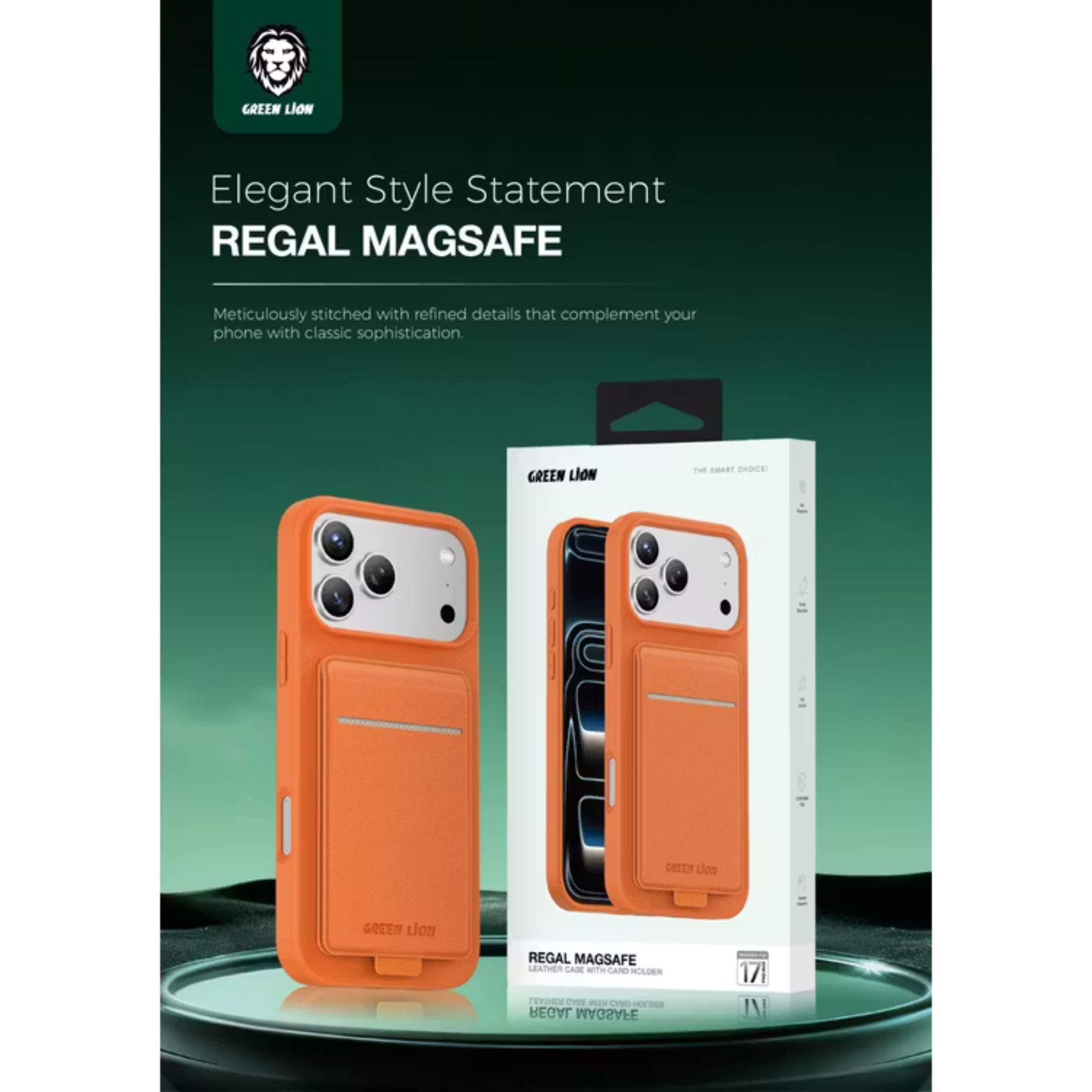 Green Lion Regal MagSafe Leather Case with Card Holder for iPhone 17 Pro Max, Anti-Fingerprint, Foldable Stand, Camera Protection, Comfortable Grip, Anti-Scratch, Shock Absorption - Orange