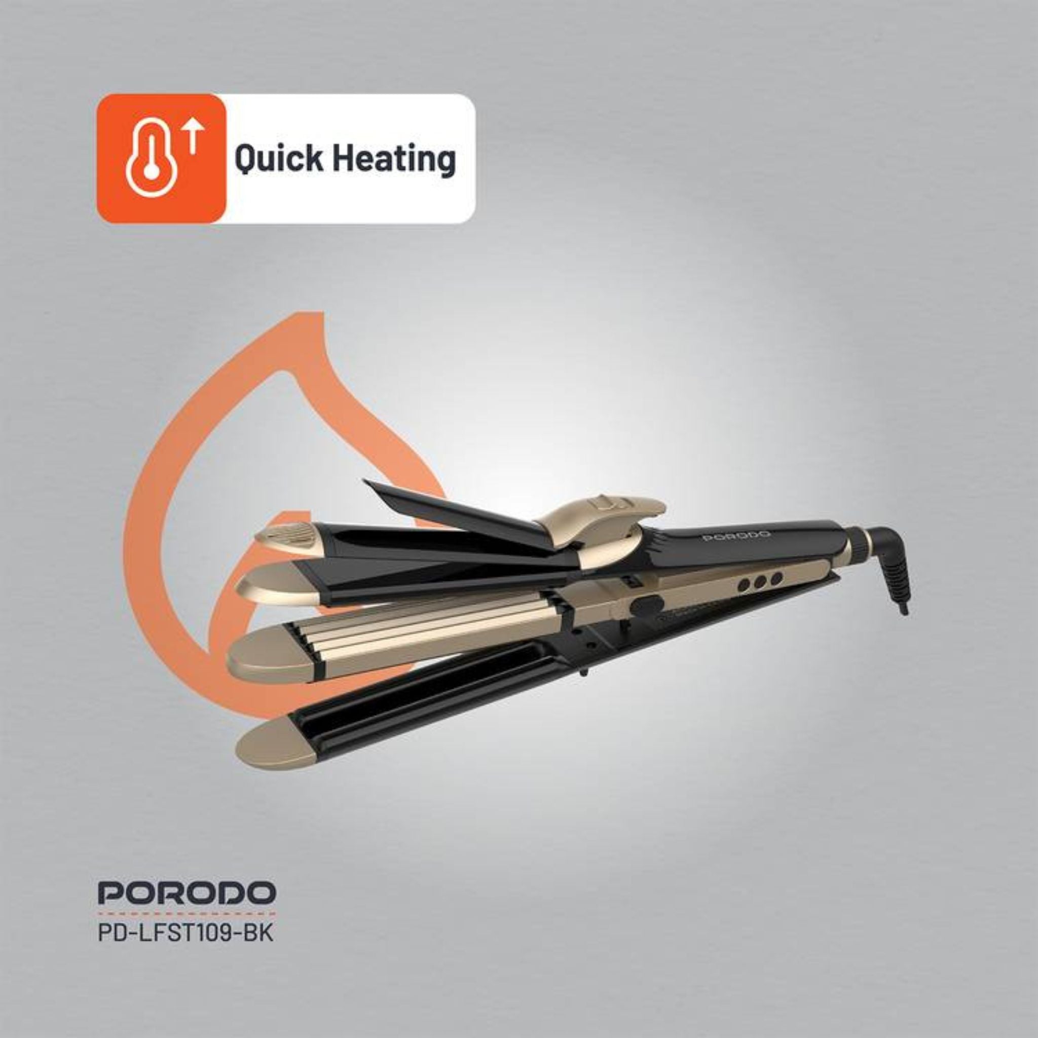 Porodo Lifestyle Hair Iron with 4 Styling Modes, Heat-Resistant Design, 12 Temperature Control Settings, LED Display, 60W Rated Power, Quick Heating - Black