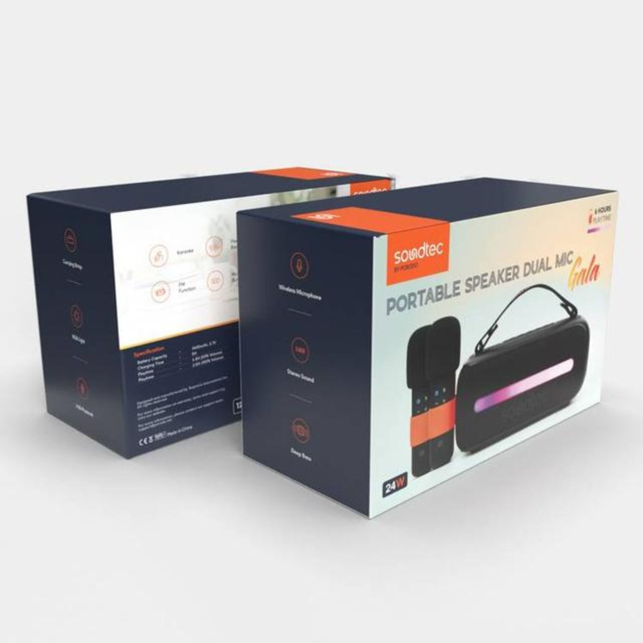 Porodo Soundtec 24W Bluetooth Speaker with Dual Wireless Microphone, Carrying Strap, Powerful Bass, FM Function, RGB Light - Black