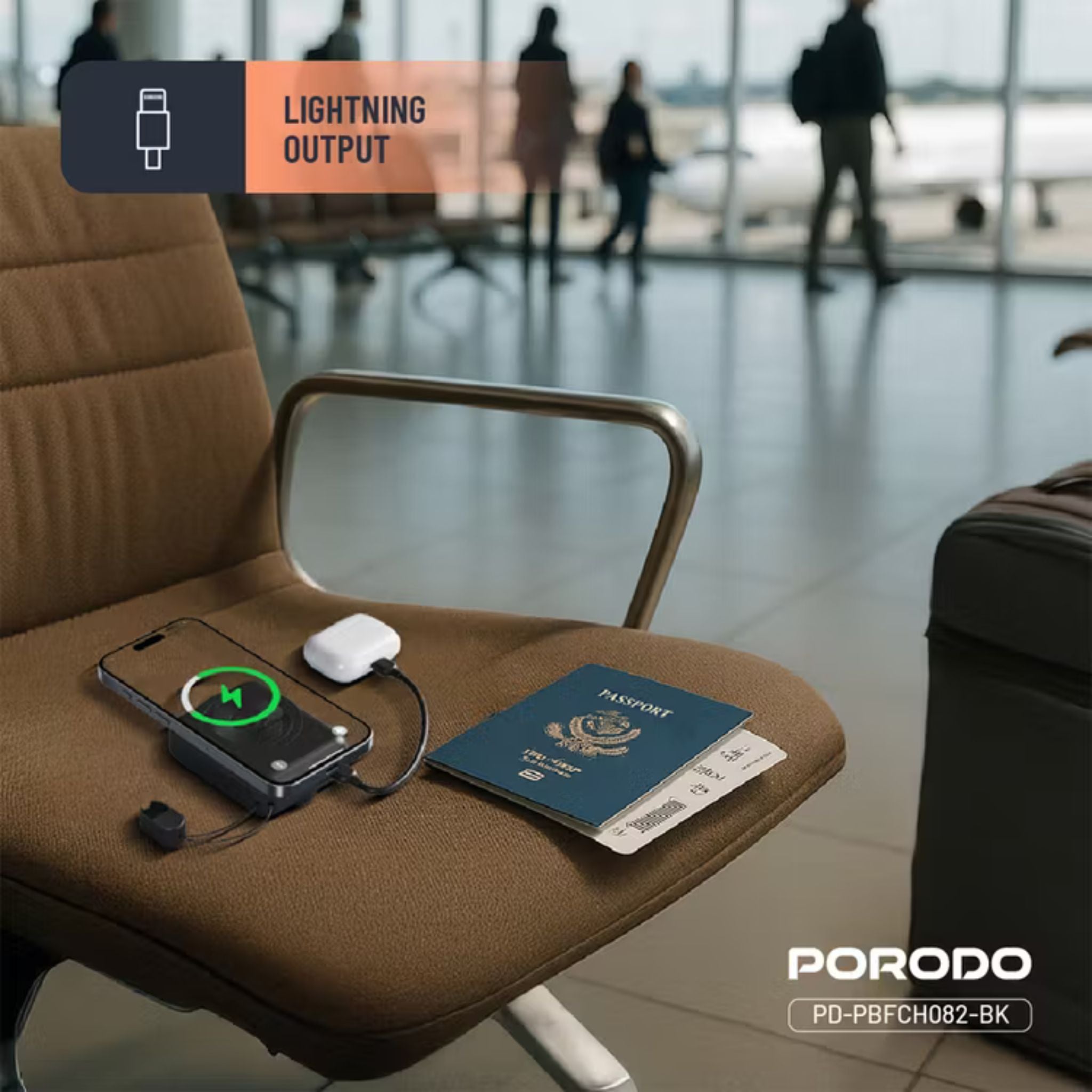 Porodo 10000mAh Compatible with MagSafe Power Bank, 15W Wireless Charging, PD 22.5W, Detachable USB-C/Lightning Head Cable, Digital Info Indicator, Compact Powerbank - Black