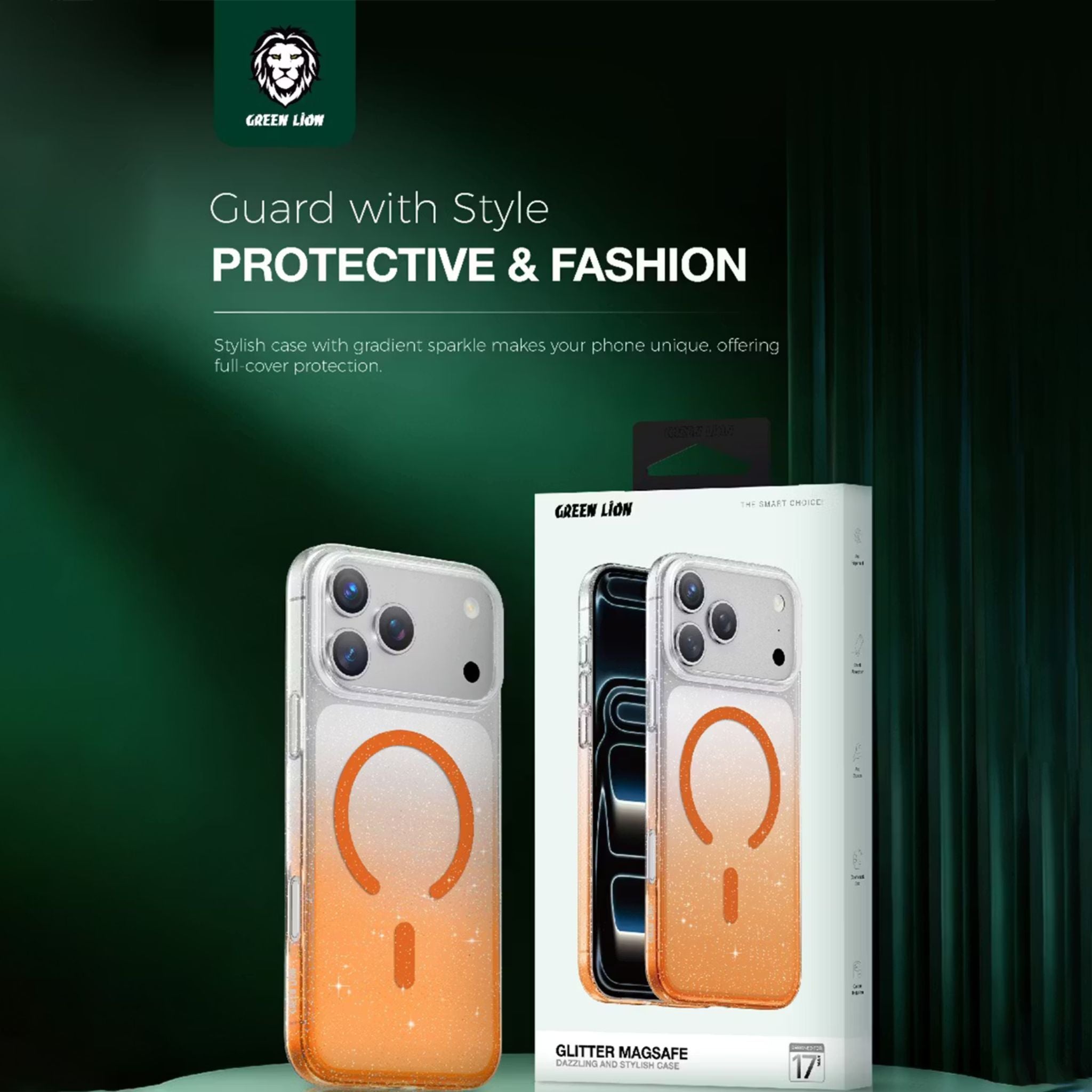Green Lion Glitter MagSafe Case for iPhone 17 Pro Max, Anti-Fingerprint & Anti-Scratch, Comfortable Grip, Camera Protection, Anti-Yellowing, Ultra-Slim & Lightweight Design - Orange