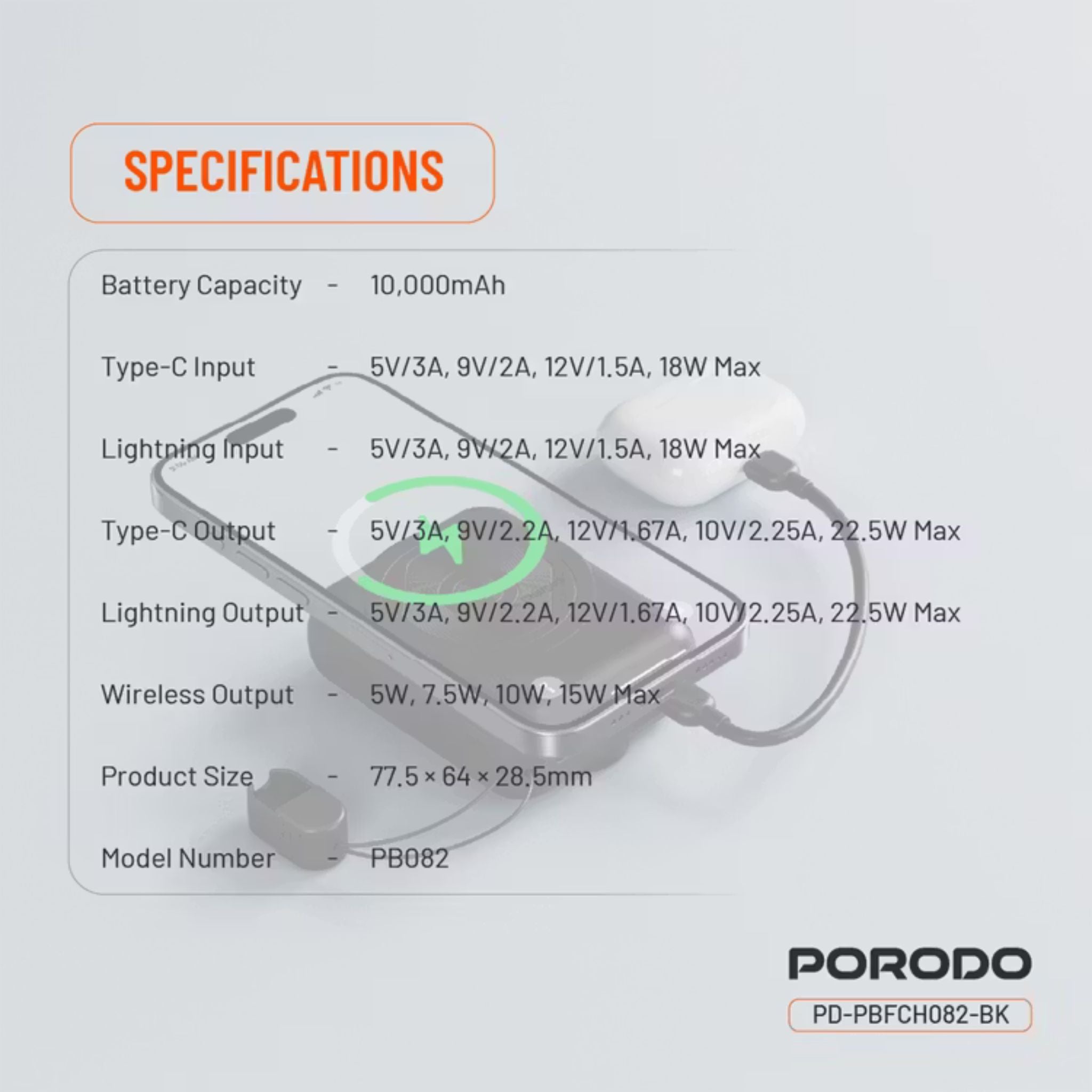 Porodo 10000mAh Compatible with MagSafe Power Bank, 15W Wireless Charging, PD 22.5W, Detachable USB-C/Lightning Head Cable, Digital Info Indicator, Compact Powerbank - Black