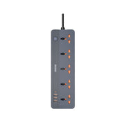 A black power socket with multiple USB ports and a UK plug.