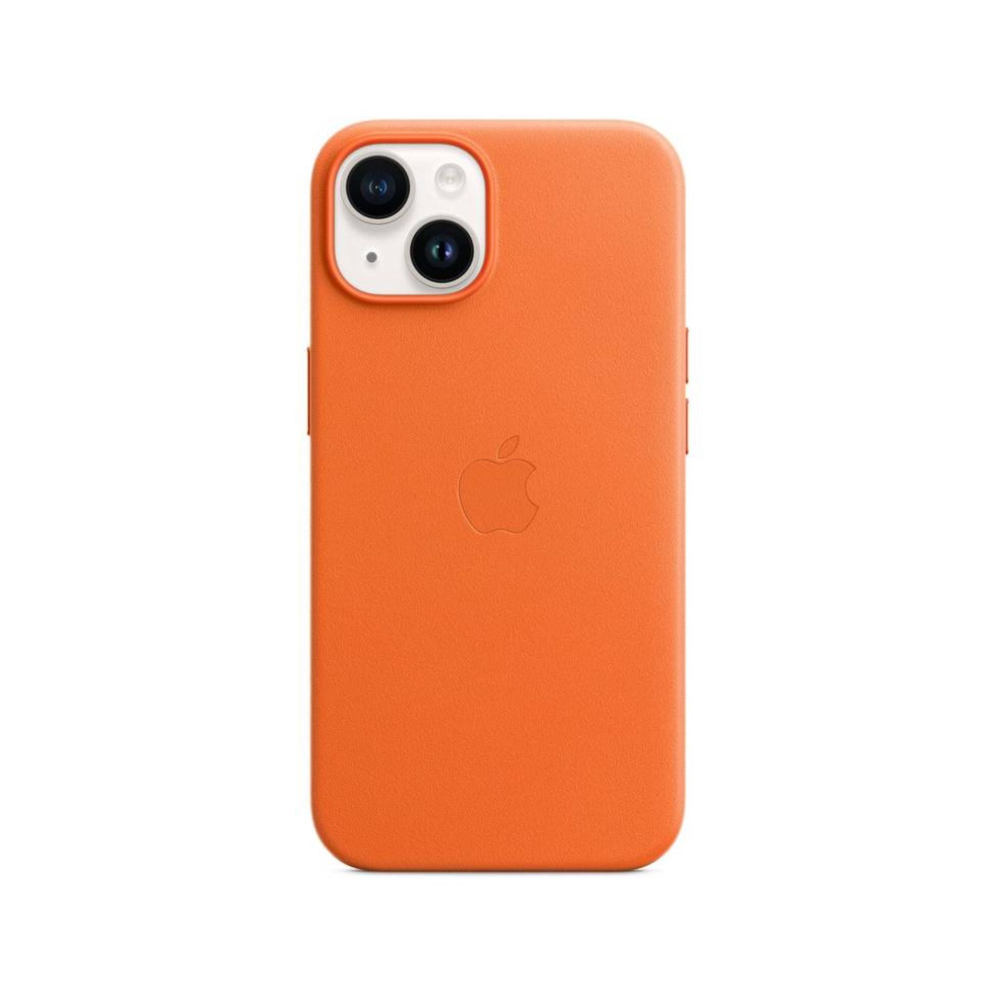 An orange leather case for the Apple iPhone 14 with MagSafe compatibility, showing the back side of the phone with the camera and Apple logo visible.