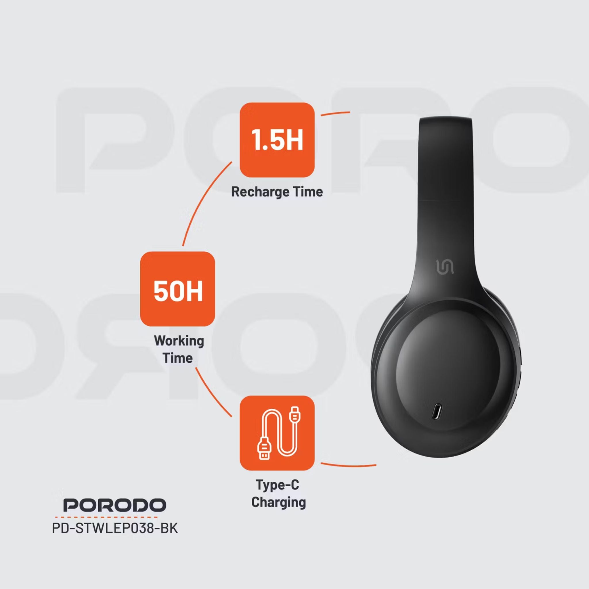 Porodo Soundtec Wireless Headphones with ENC & Low-Latency Gaming Mode, 400mAh Battery Capacity, 1.5 Hours Charging Time, 50 Hours Working Time, Type C Charging Port, Bluetooth Version 5.4, Voice Assistant - Black
