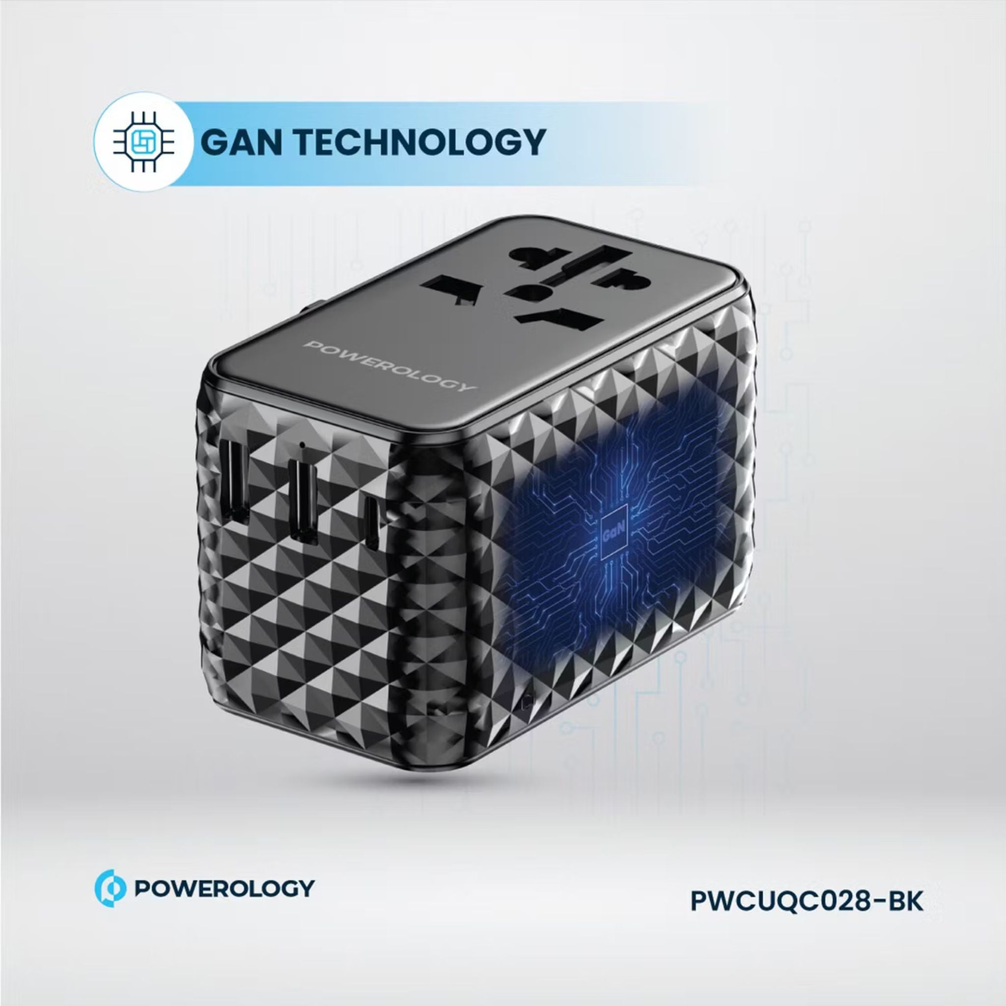 Powerology GaN 20W PD Universal Adapter with Retractable Type-C Cable, Simultaneous Charging, Includes Spare Fuse, Built-In Safeguard - Black