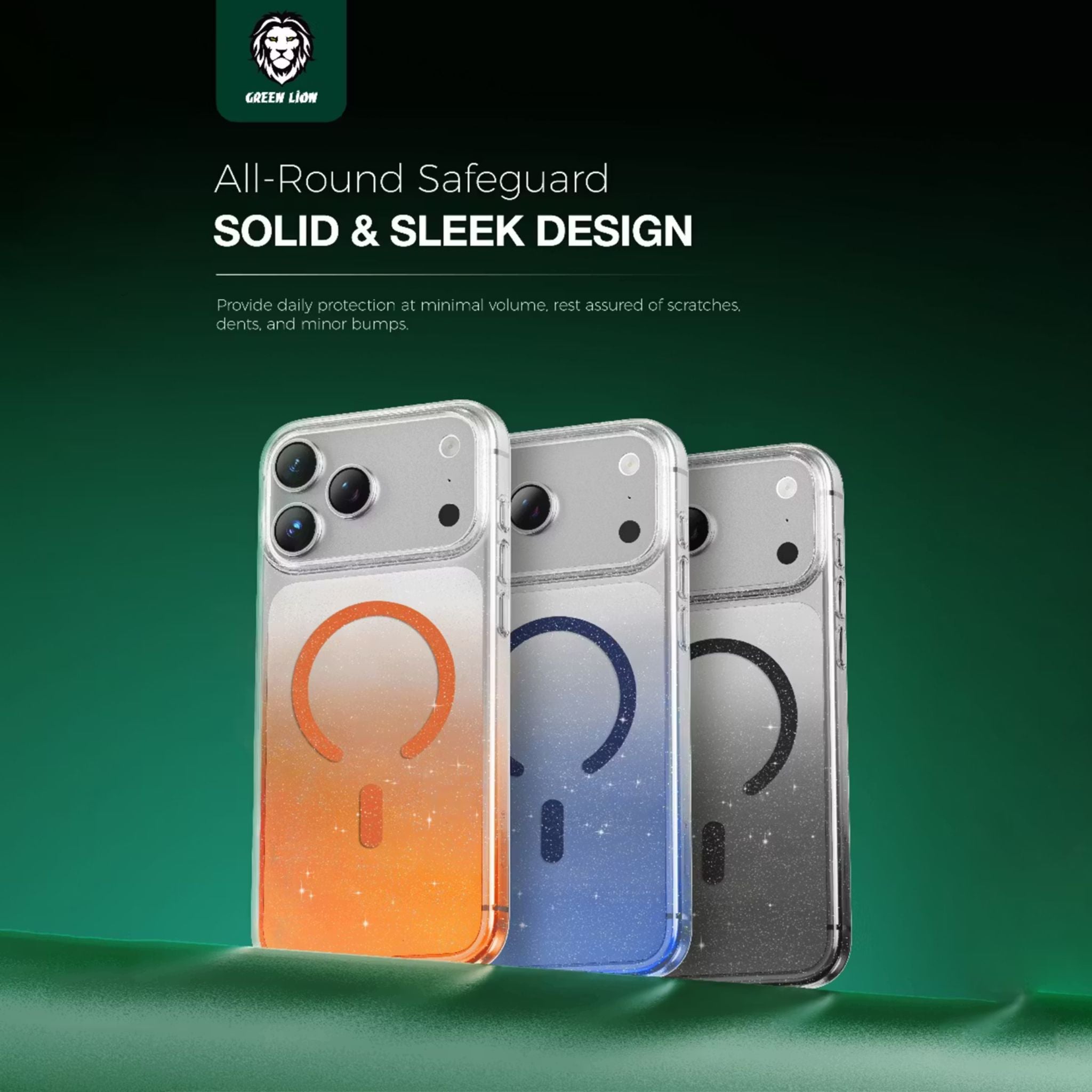 Green Lion Glitter MagSafe Case for iPhone 17 Pro Max, Anti-Fingerprint & Anti-Scratch, Comfortable Grip, Camera Protection, Anti-Yellowing, Ultra-Slim & Lightweight Design - Orange