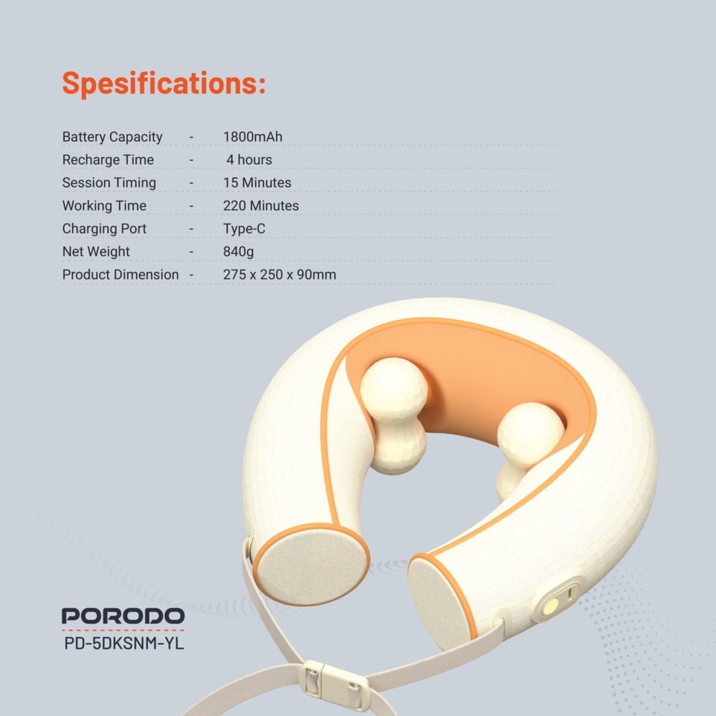 Porodo 5D Deep-Kneading Shiatsu Neck Massager 1800mAh Battery, Hot Compress, Deep Relaxation, Secure Adjustable Strap, Massage Modes, Skin-Friendly Materials, Type-C Charging - Yellow