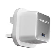 Powerology QX 45W Pocket-Sized GaN Adapter with Safety Protections, USB-C Port, Ultra-Compact Design, UK 3-Pin Plug, PD 45W - White / Silver