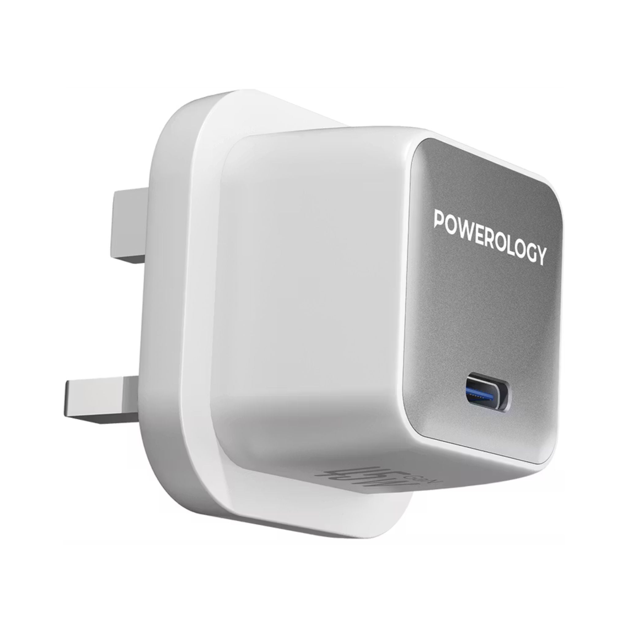 Powerology QX 45W Pocket-Sized GaN Adapter with Safety Protections, USB-C Port, Ultra-Compact Design, UK 3-Pin Plug, PD 45W - White / Silver