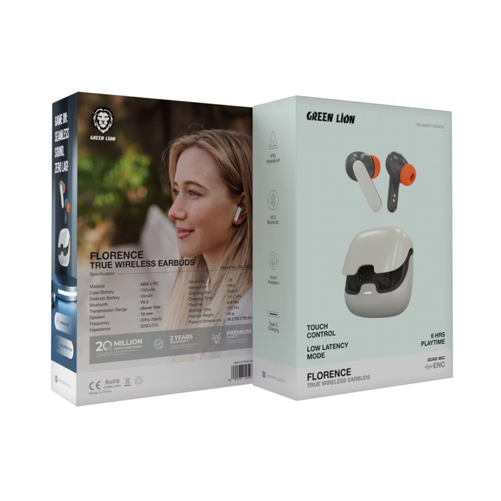 Green Lion Florence True Wireless Earbuds with Touch Control, Low Latency Mode, Voice Assistant, Quad-Microphone with ENC Technology, Gaming Mode, Up to 6 Hours Play Time, 100 Hours Standby Time, Type-C Charging Port, Above 10m Transmission Range