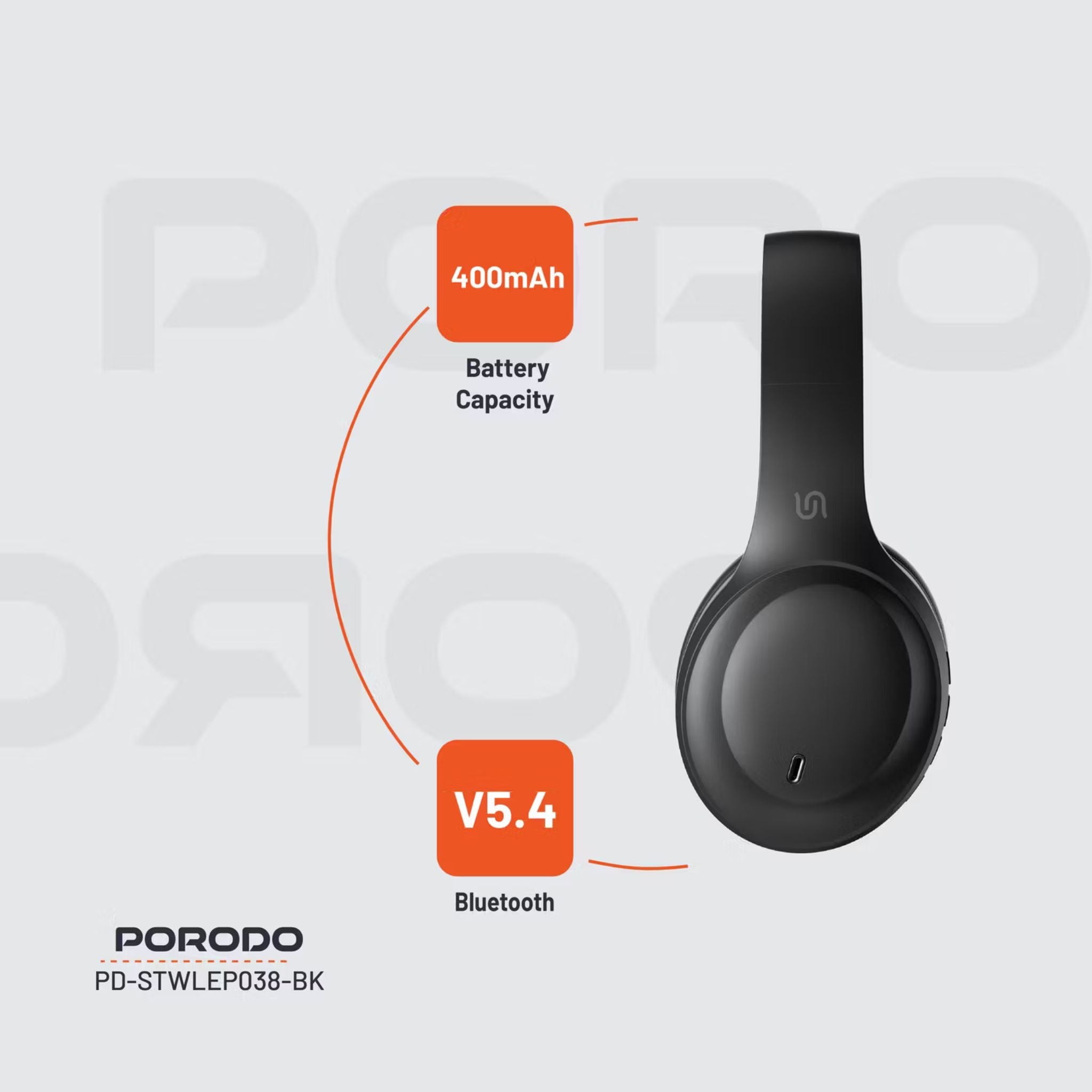 Porodo Soundtec Wireless Headphones with ENC & Low-Latency Gaming Mode, 400mAh Battery Capacity, 1.5 Hours Charging Time, 50 Hours Working Time, Type C Charging Port, Bluetooth Version 5.4, Voice Assistant - Black
