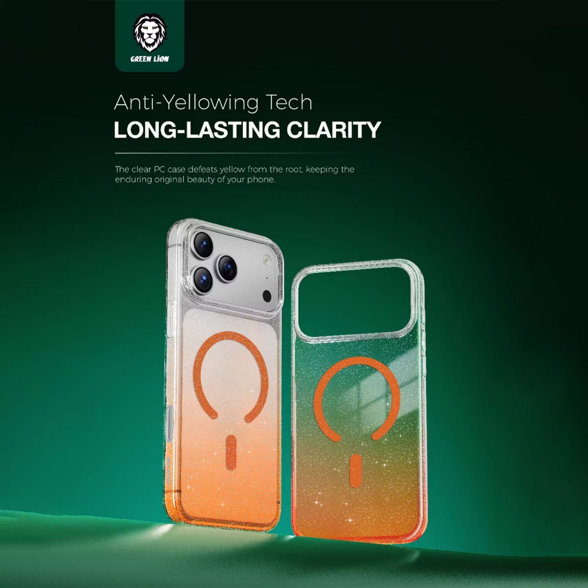 Green Lion Glitter MagSafe Case for iPhone 17 Pro Max, Anti-Fingerprint & Anti-Scratch, Comfortable Grip, Camera Protection, Anti-Yellowing, Ultra-Slim & Lightweight Design - Orange