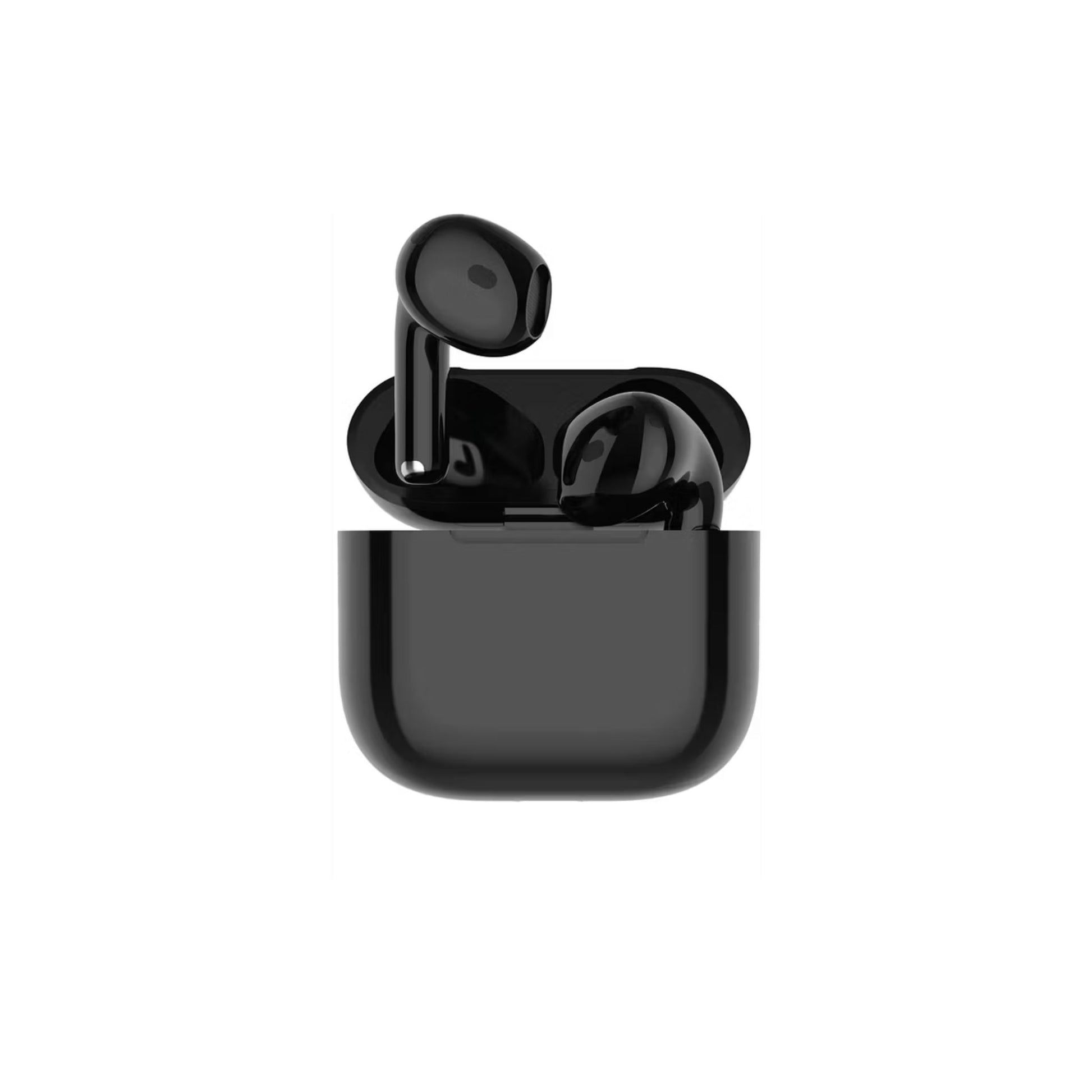Black wireless earbuds in charging case on a white background
